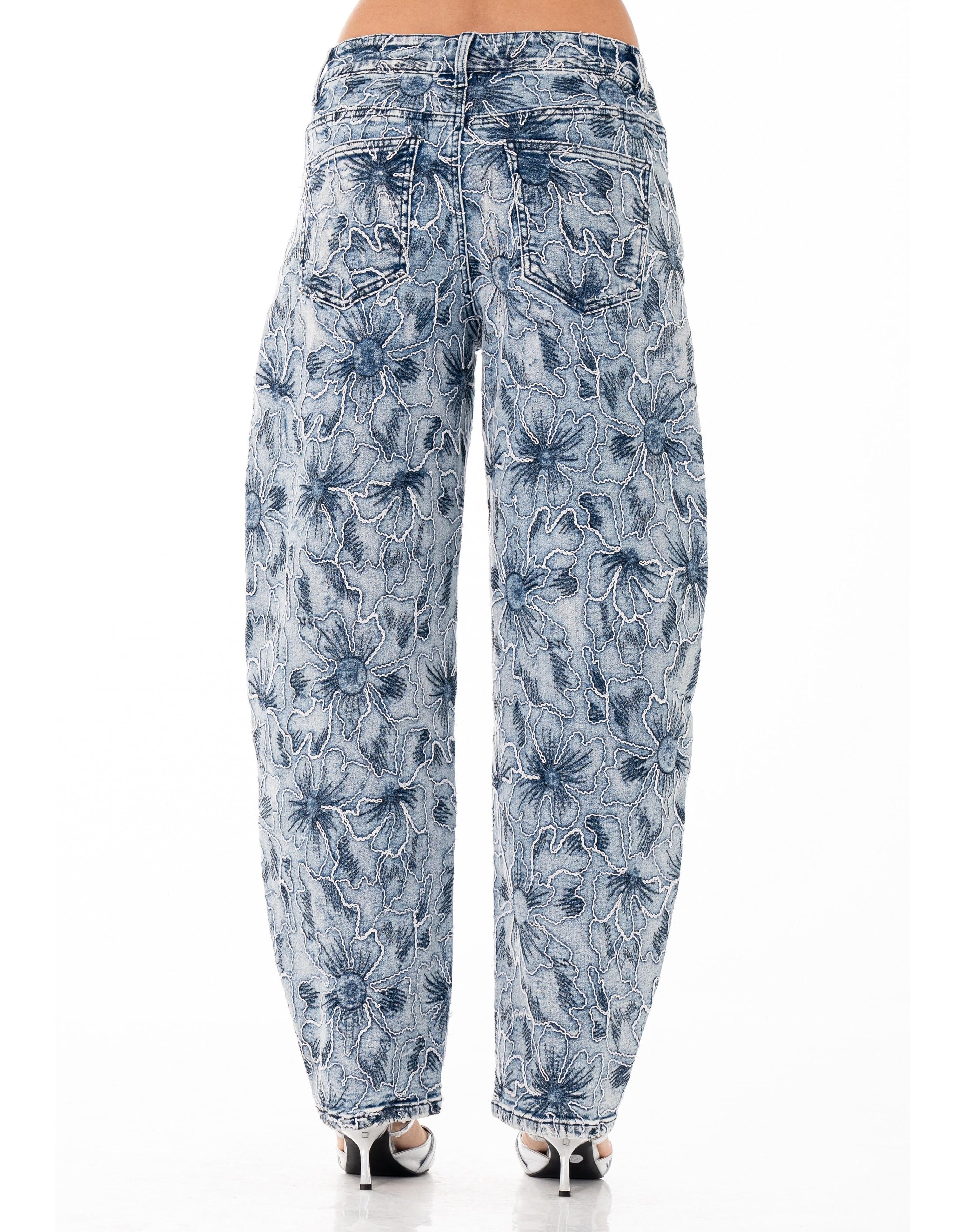 Floral Embroidered Wide-Leg Jeans - Denim