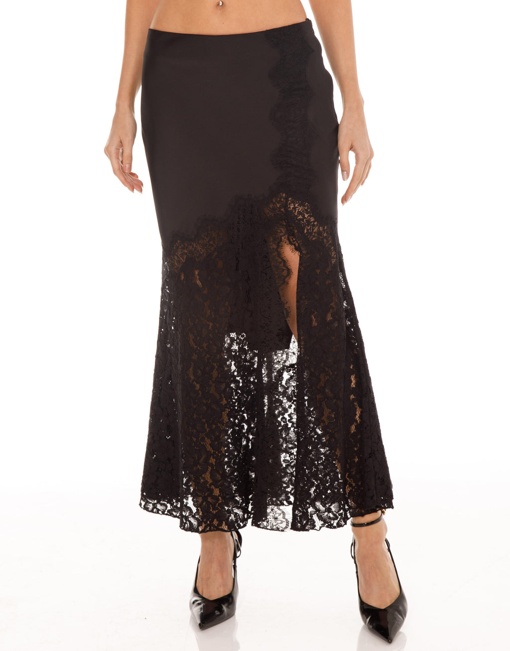 Lace Overlay Midi Skirt - Black