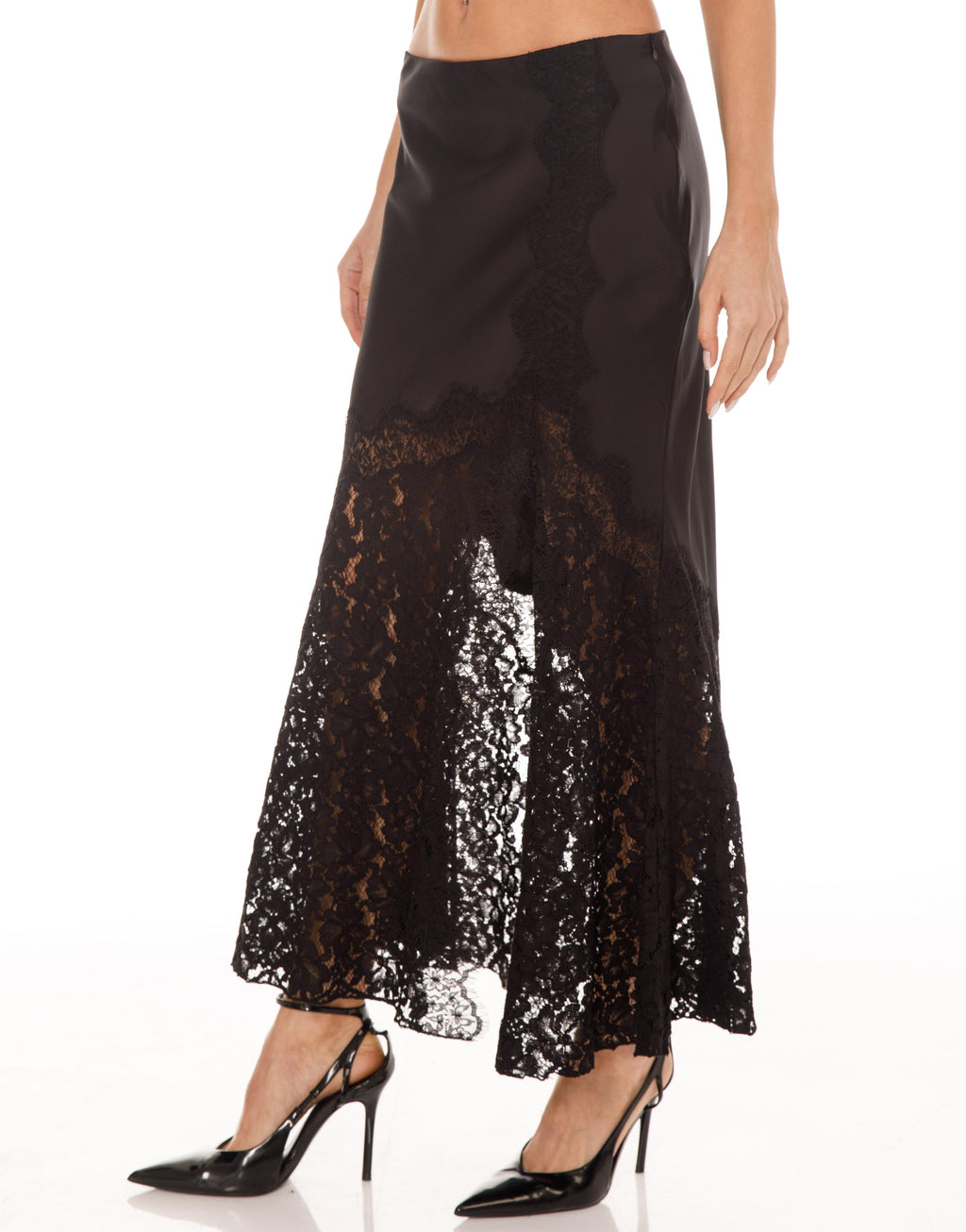 Lace Overlay Midi Skirt - Black