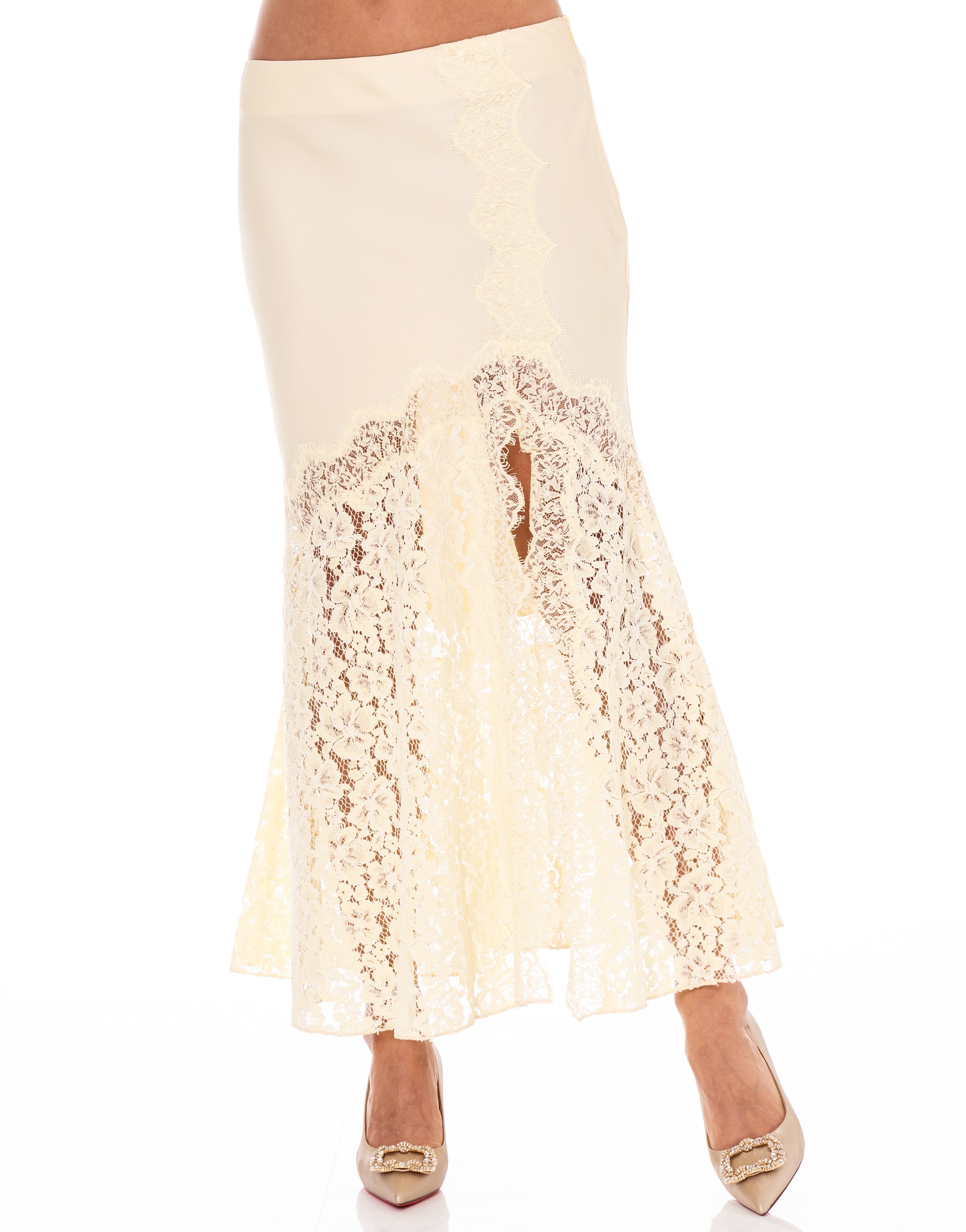 Lace Overlay Midi Skirt - Yellow