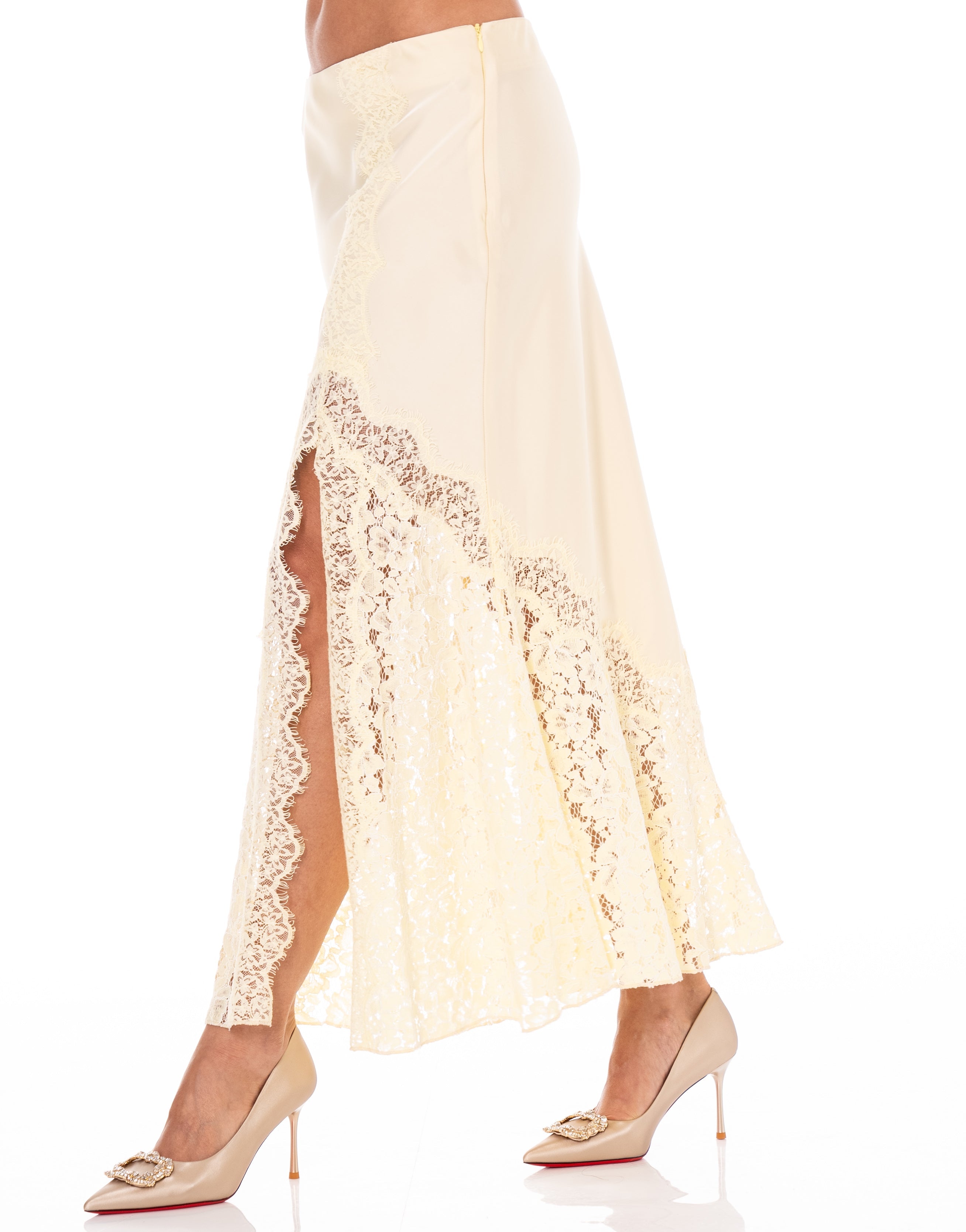 Lace Overlay Midi Skirt - Yellow