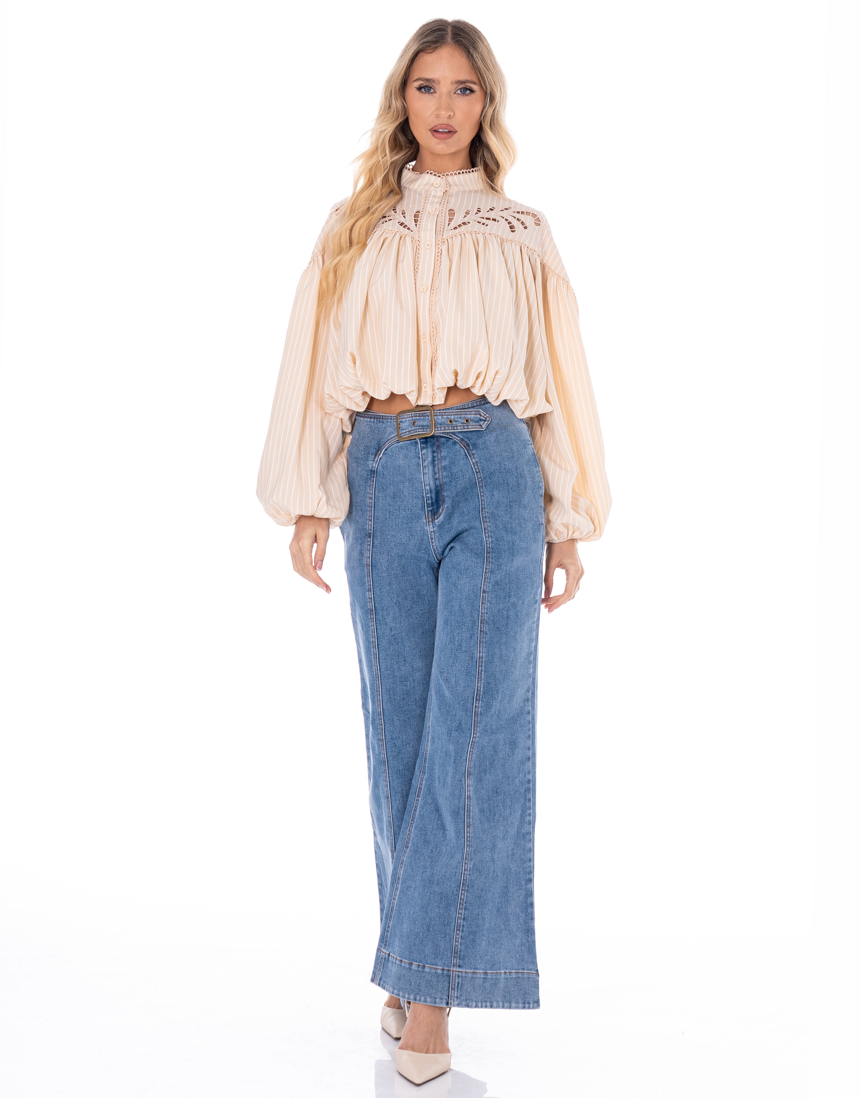 Pleated Long-Sleeve Blouse - Beige