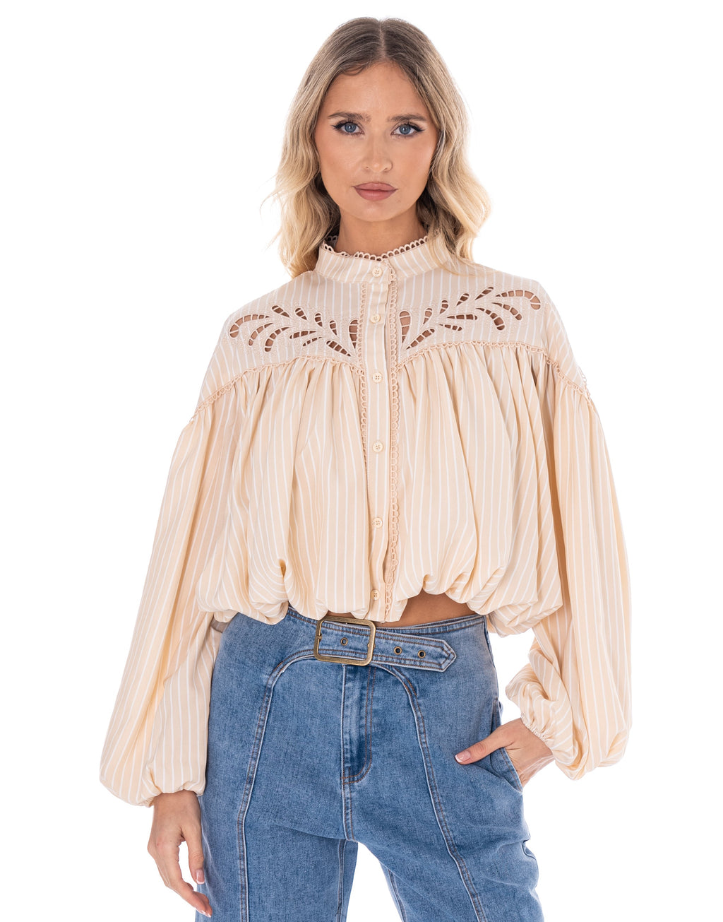 Pleated Long-Sleeve Blouse - Beige