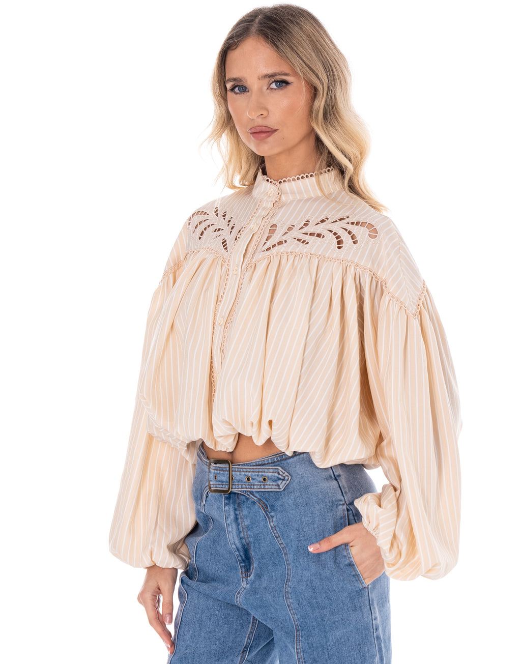 Pleated Long-Sleeve Blouse - Beige