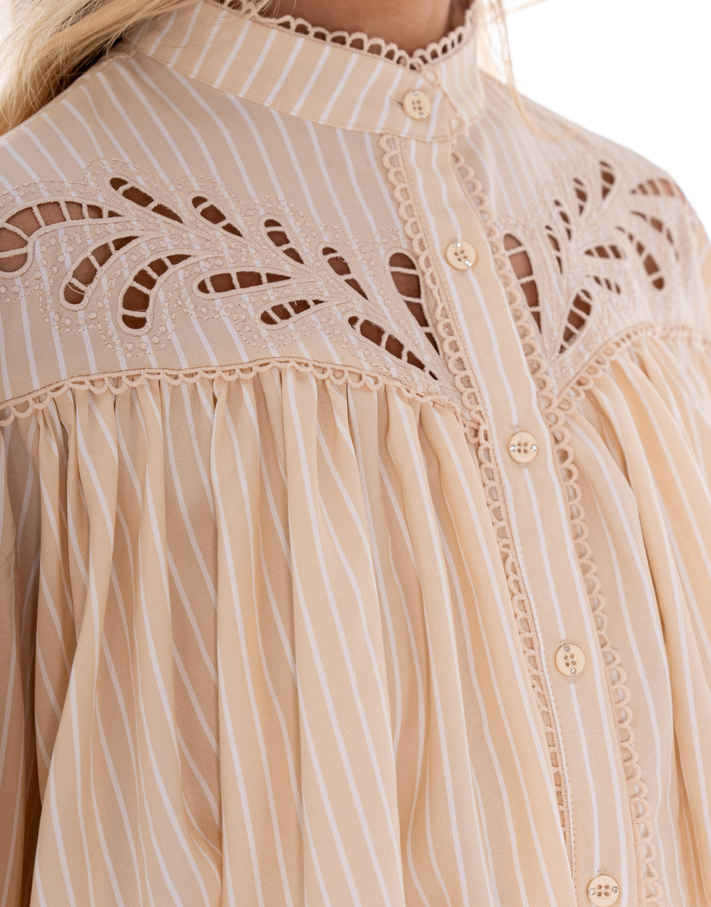 Pleated Long-Sleeve Blouse - Beige