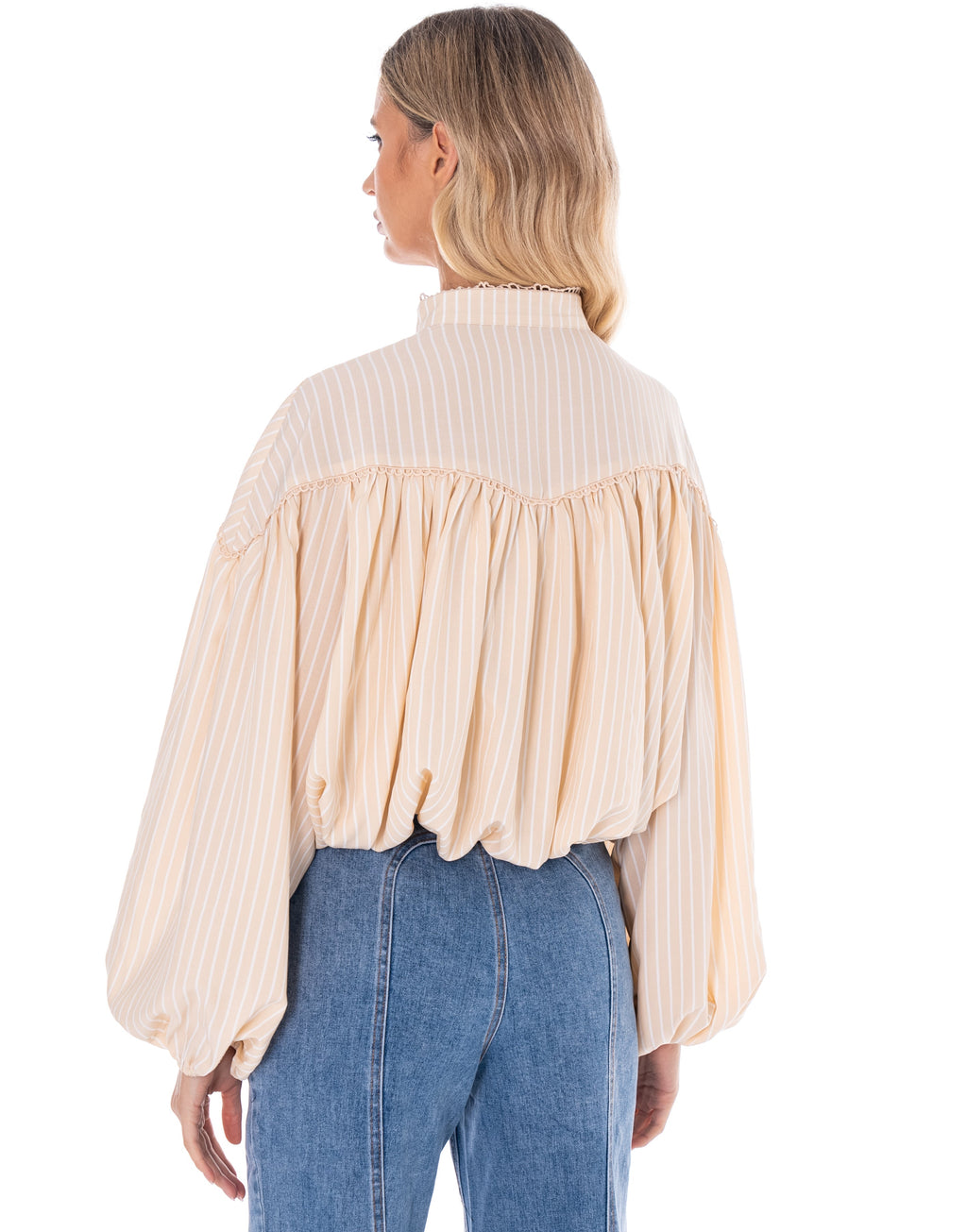 Pleated Long-Sleeve Blouse - Beige