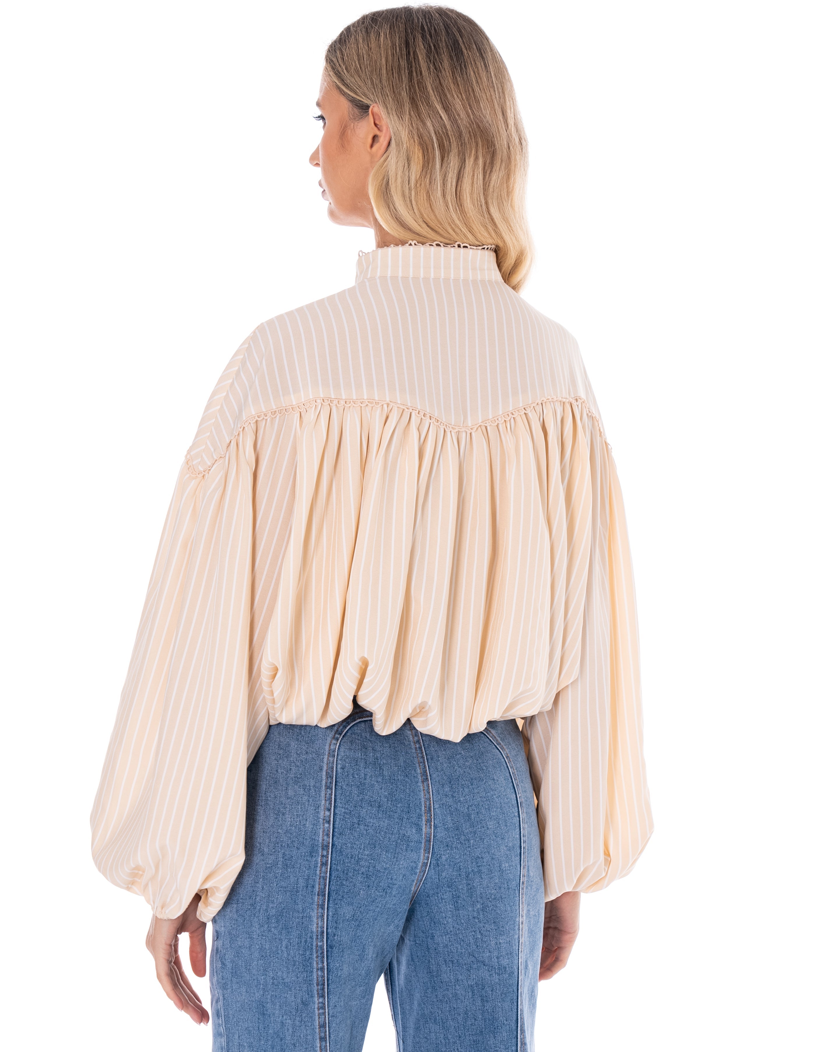 Pleated Long-Sleeve Blouse - Beige