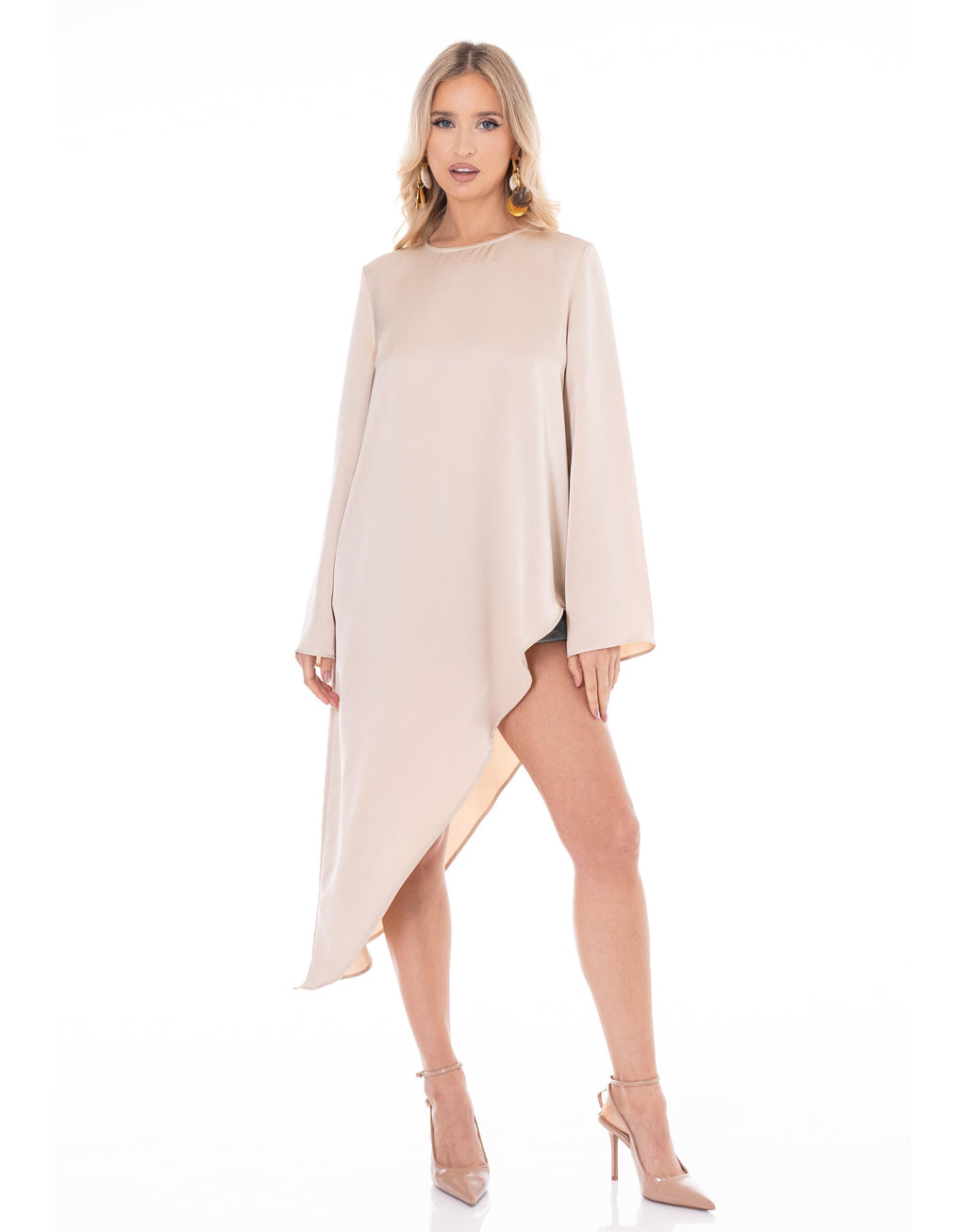 Asymmetric Hem Midi Dress - Beige