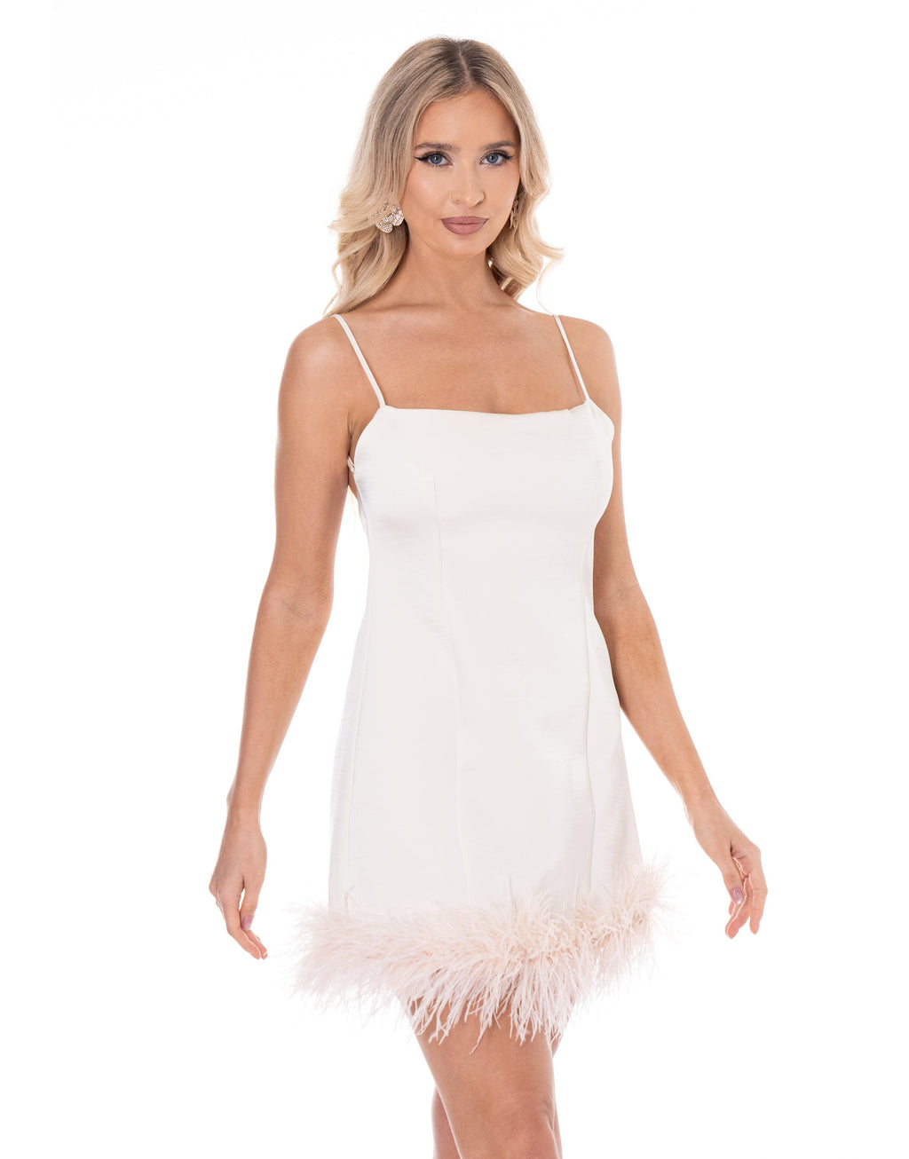 Feather Trim Mini Dress - Beige