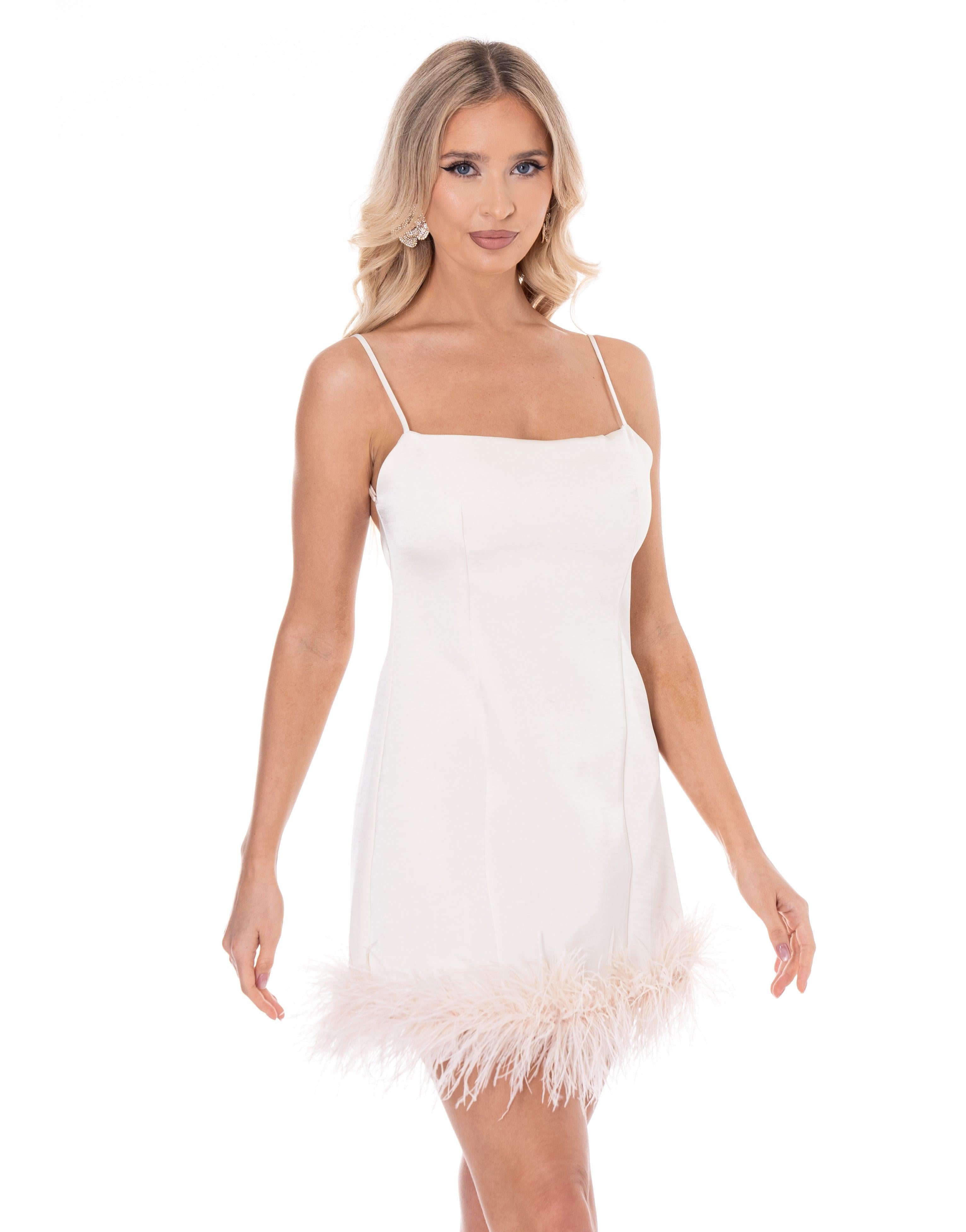 Feather Trim Mini Dress - Beige