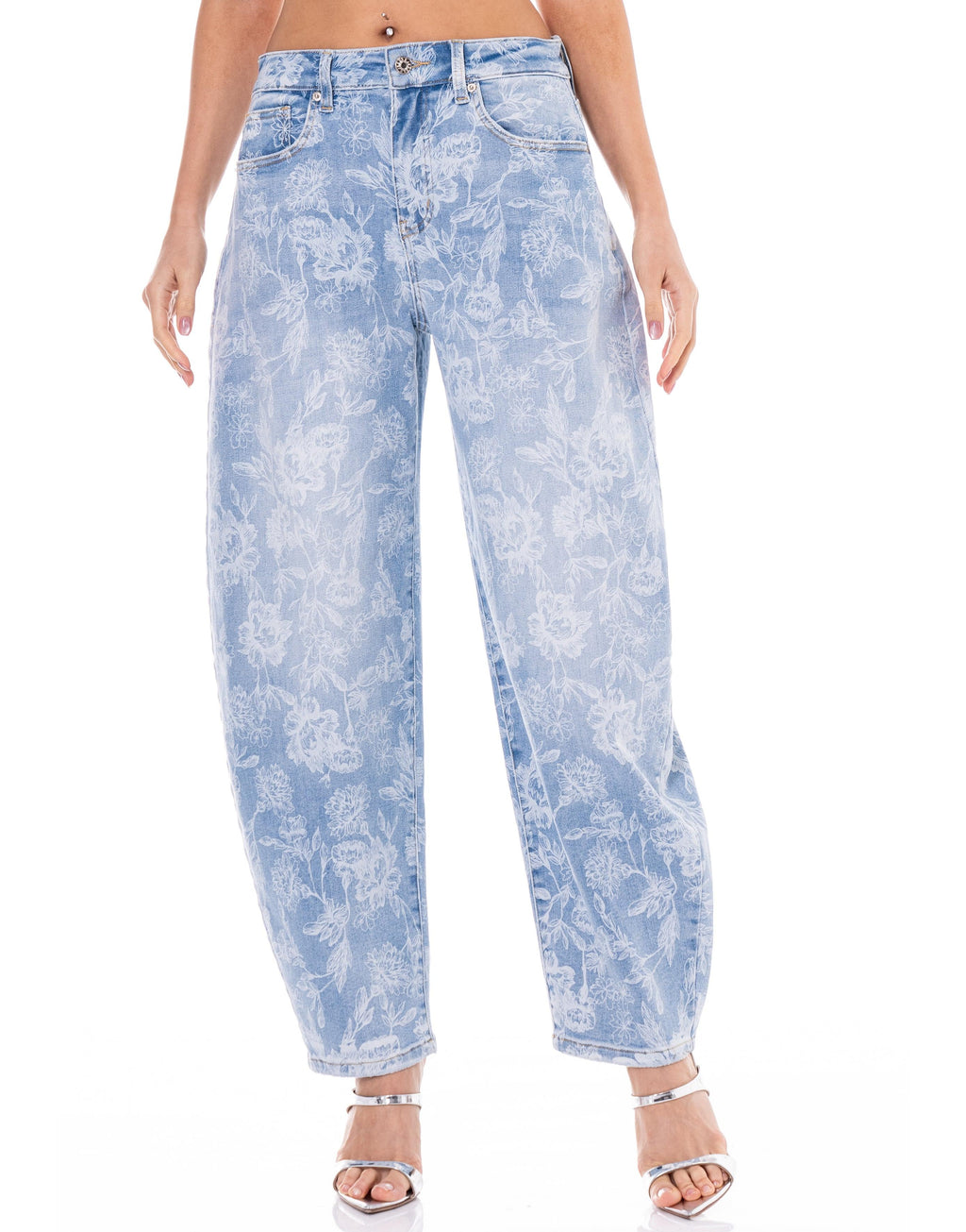 Floral Wide-Leg Denim Jeans - Denim