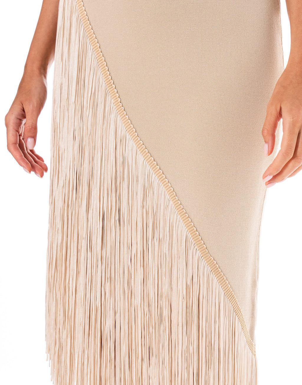 Beige Fringe Midi Dress - Beige