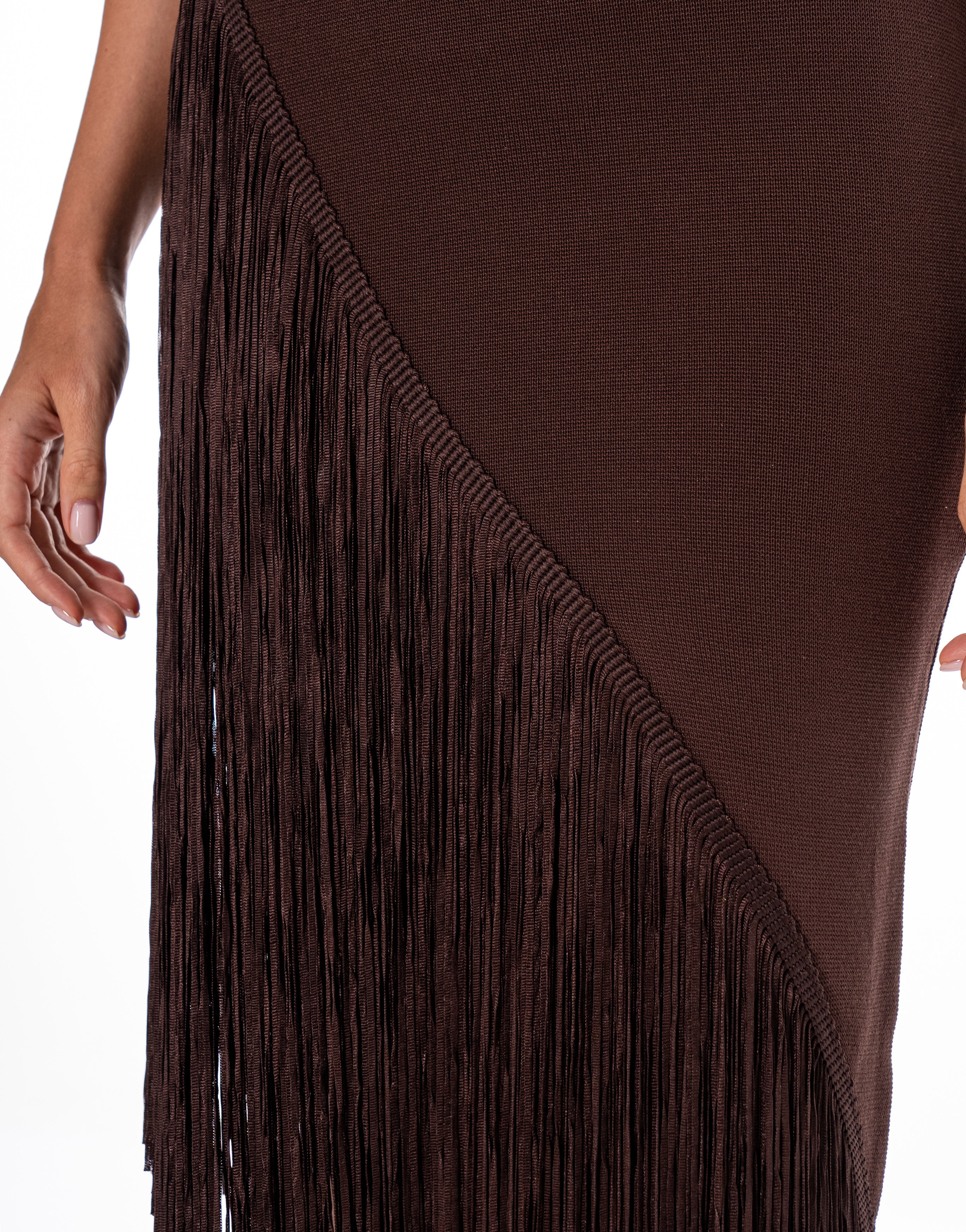 Beige Fringe Midi Dress - Brown