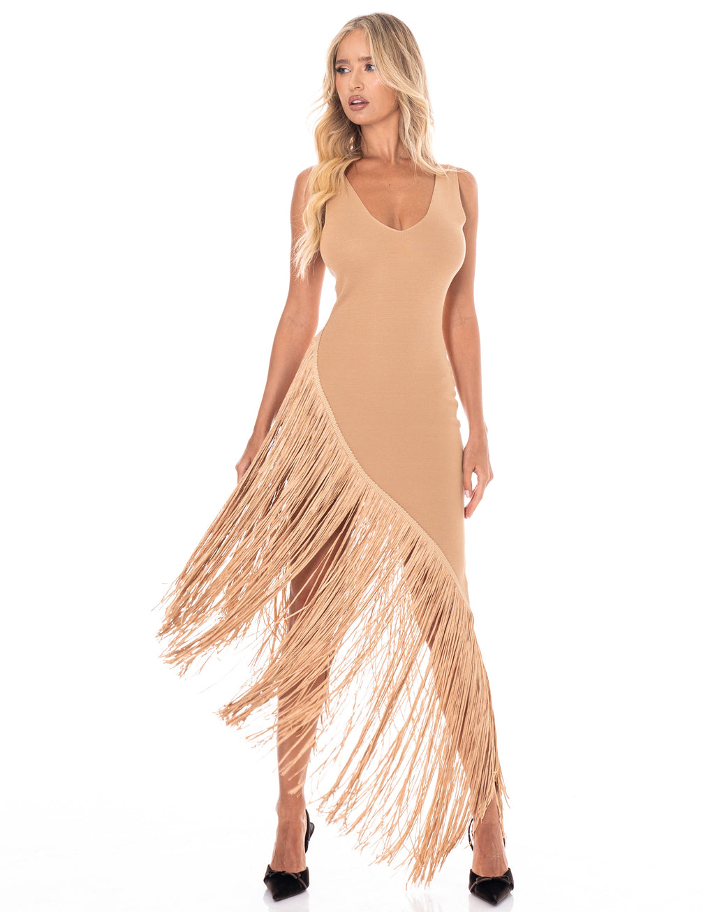 Beige Fringe Midi Dress - Camel