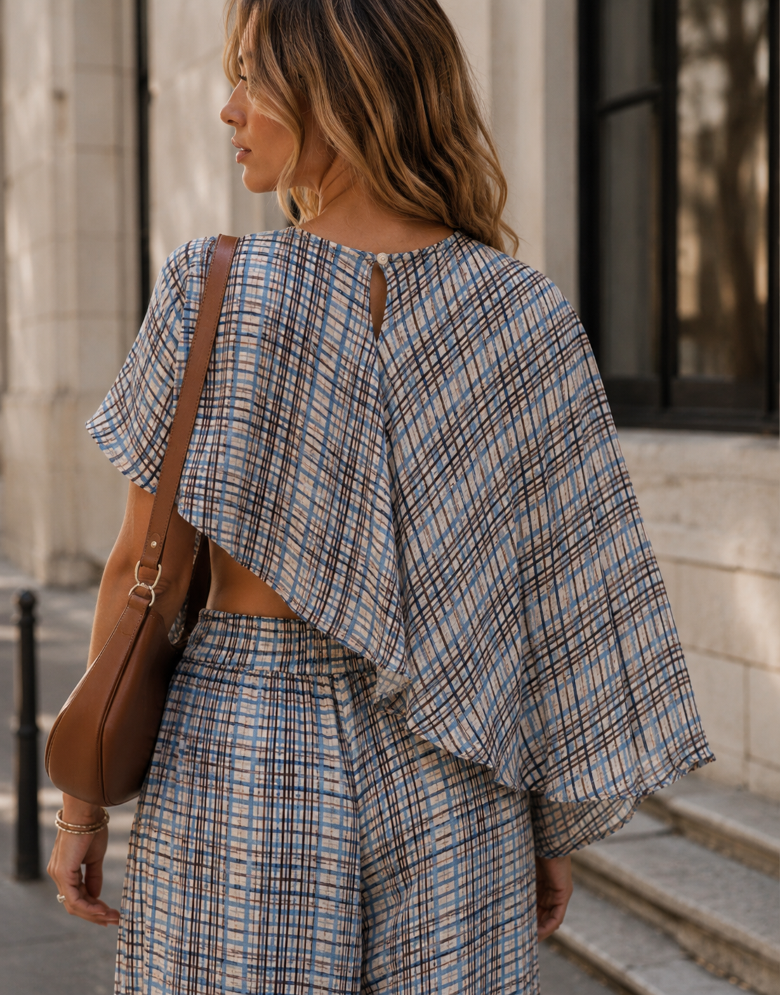 Plaid Cape Top and Pants Matching Set - Light Blue