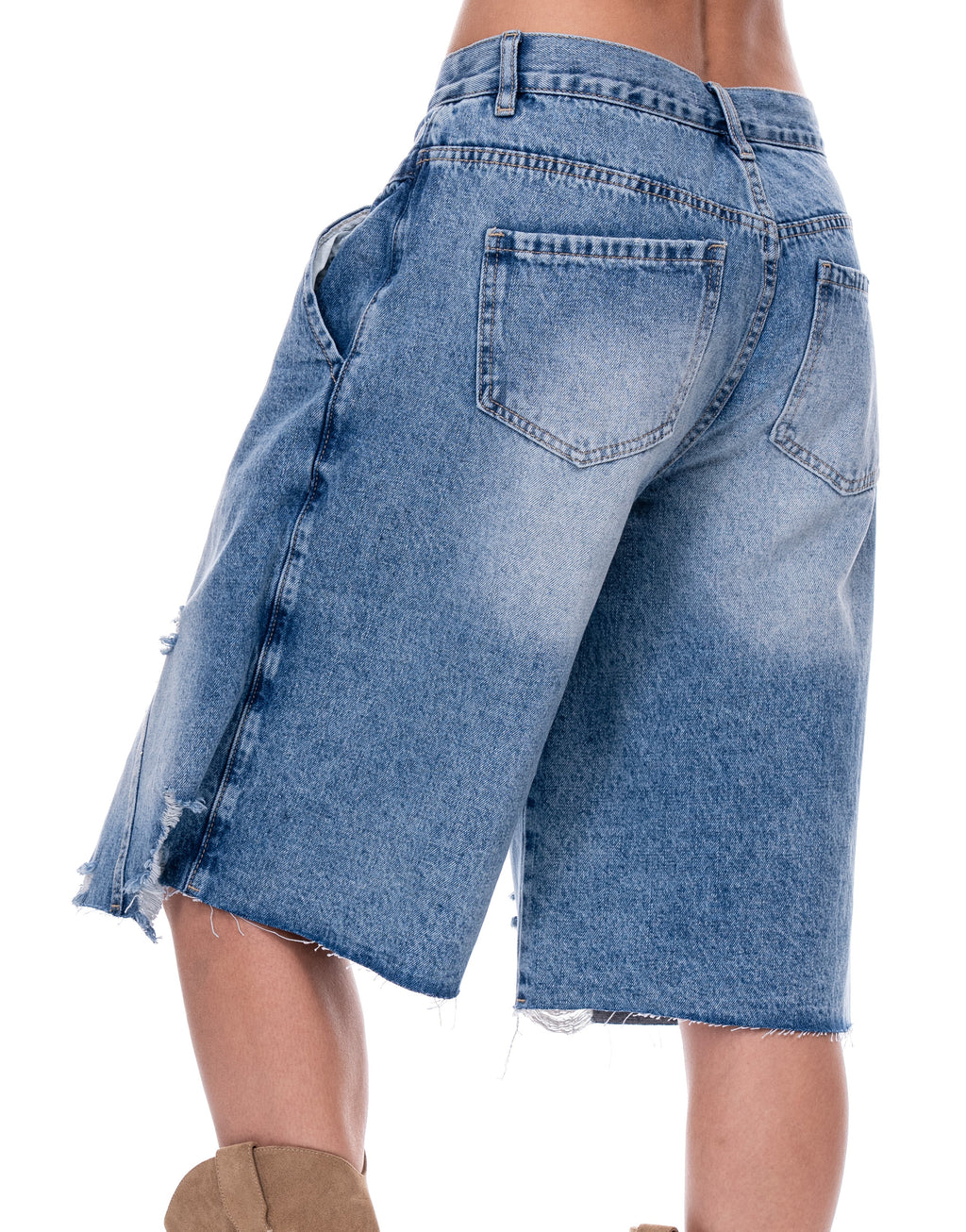 Distressed Denim Bermuda Shorts - Denim