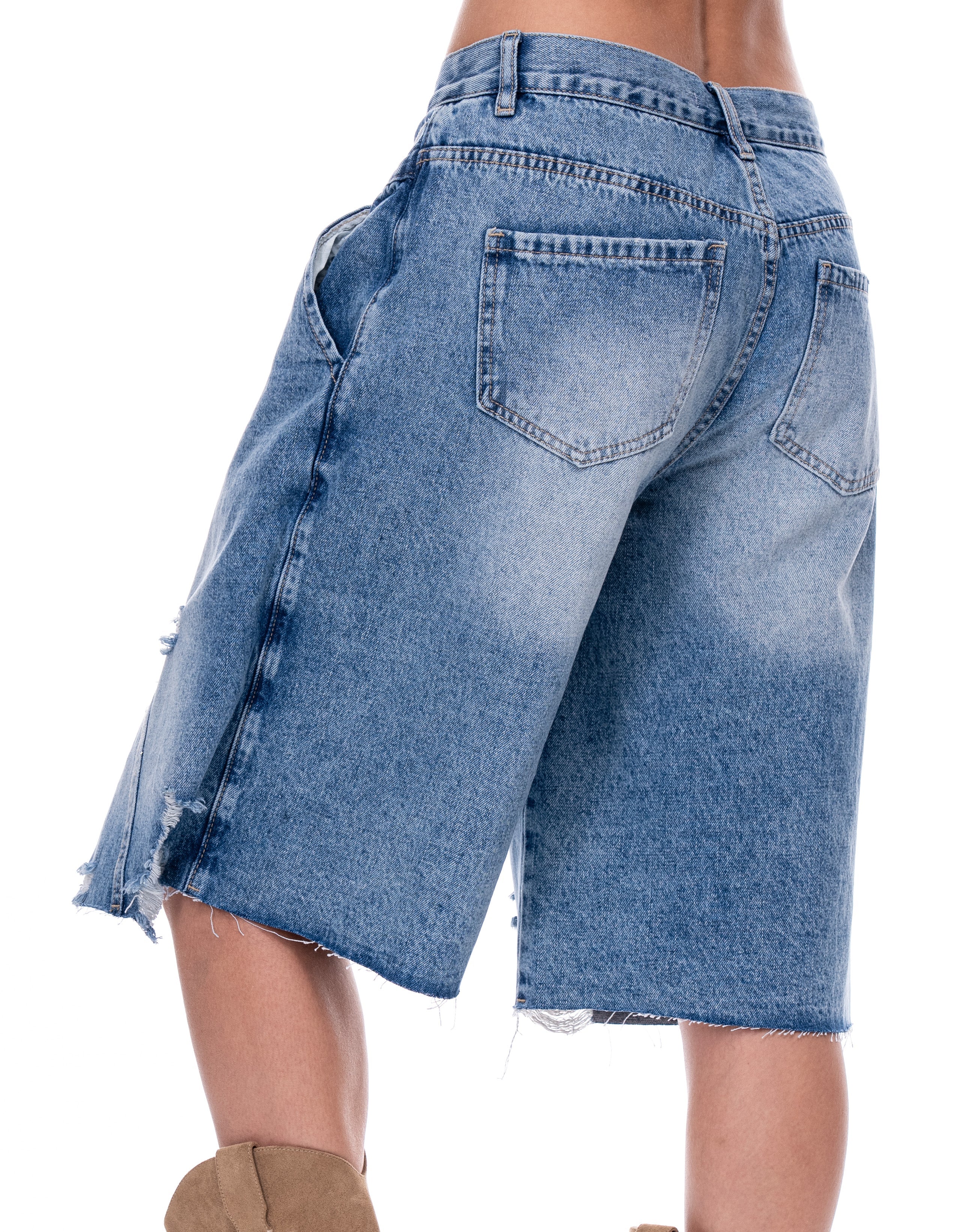 Distressed Denim Bermuda Shorts - Denim