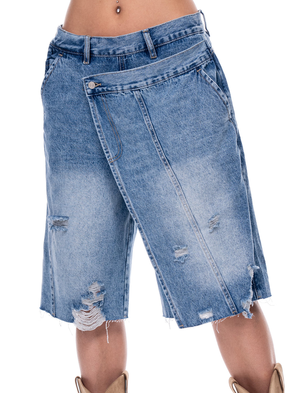 Distressed Denim Bermuda Shorts - Denim