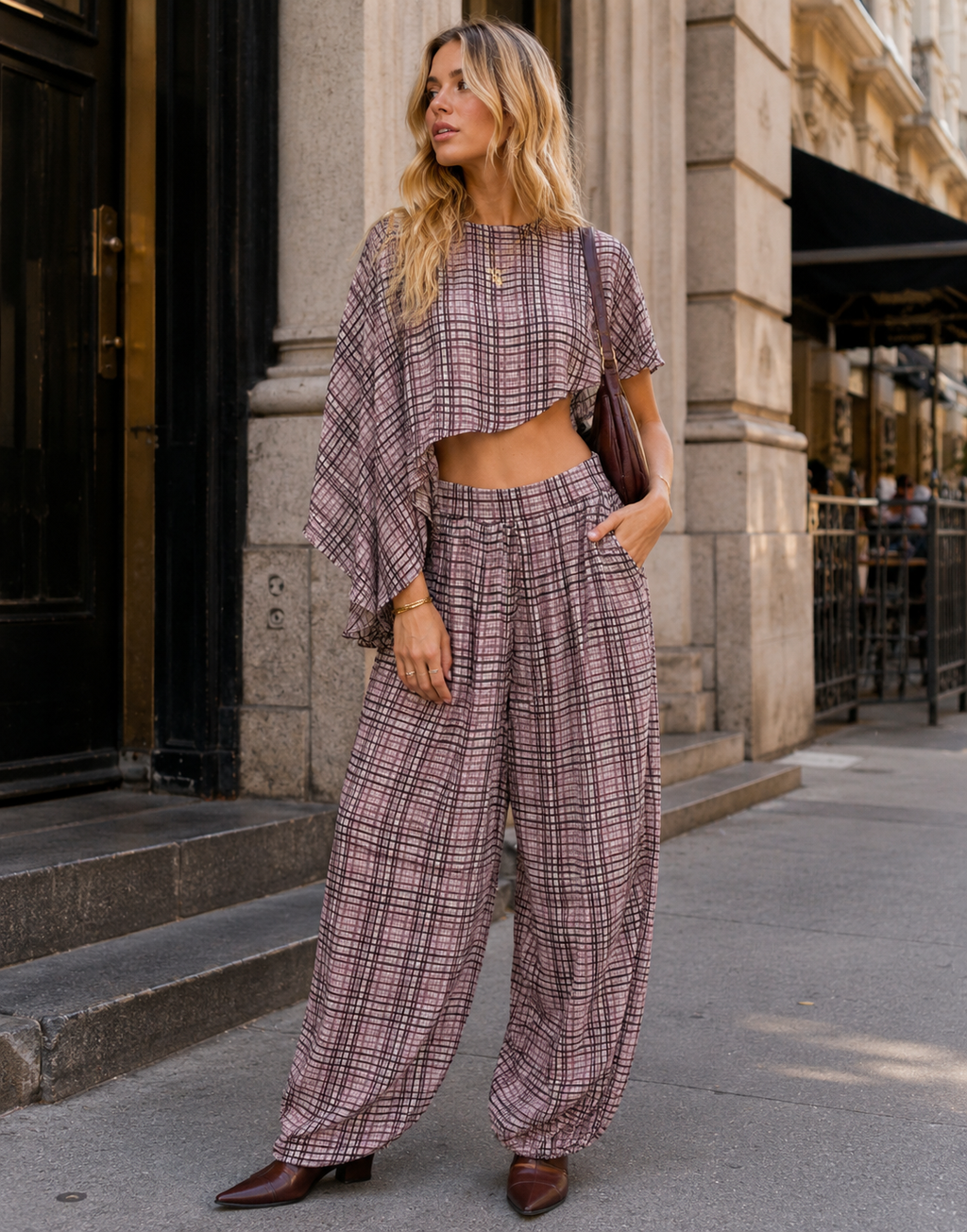 Plaid Cape Top and Pants Matching Set - Purple