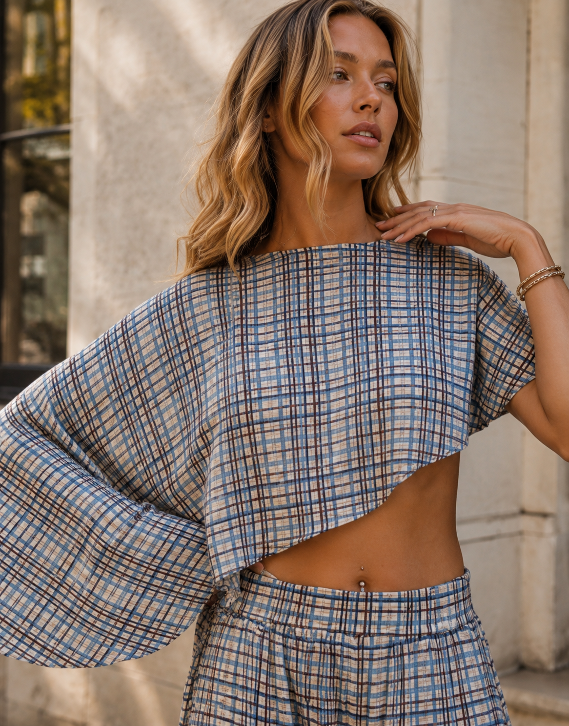 Plaid Cape Top and Pants Matching Set - Light Blue