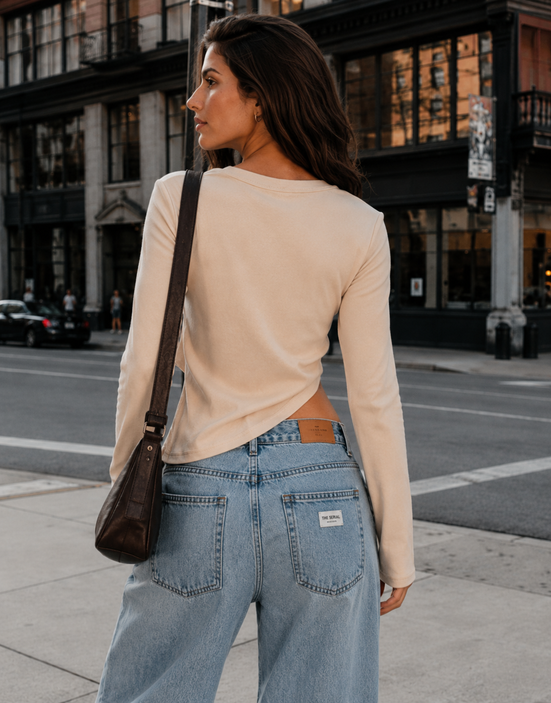 Long-Sleeve Asymmetric Crop Top - Apricot