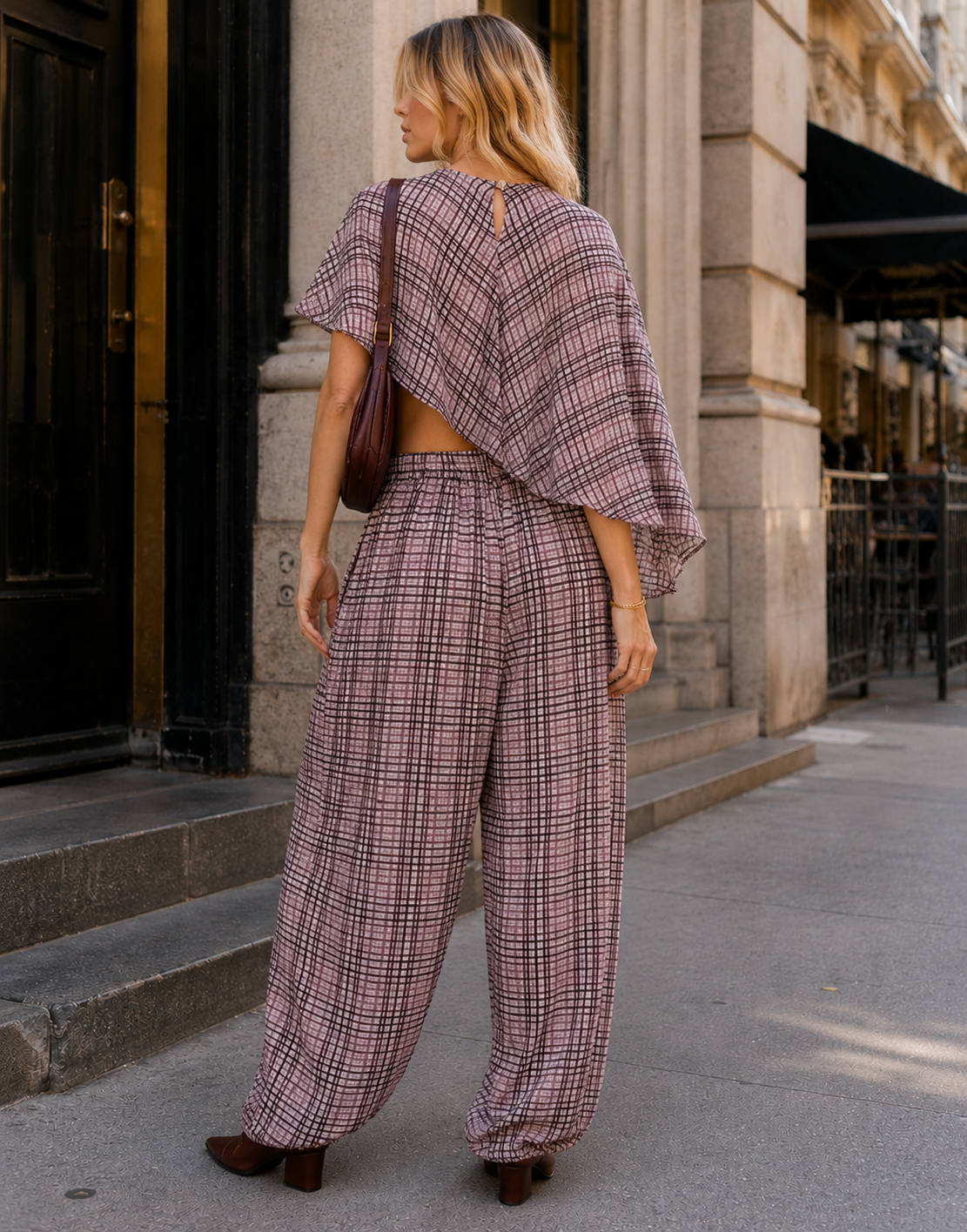 Plaid Cape Top and Pants Matching Set - Purple