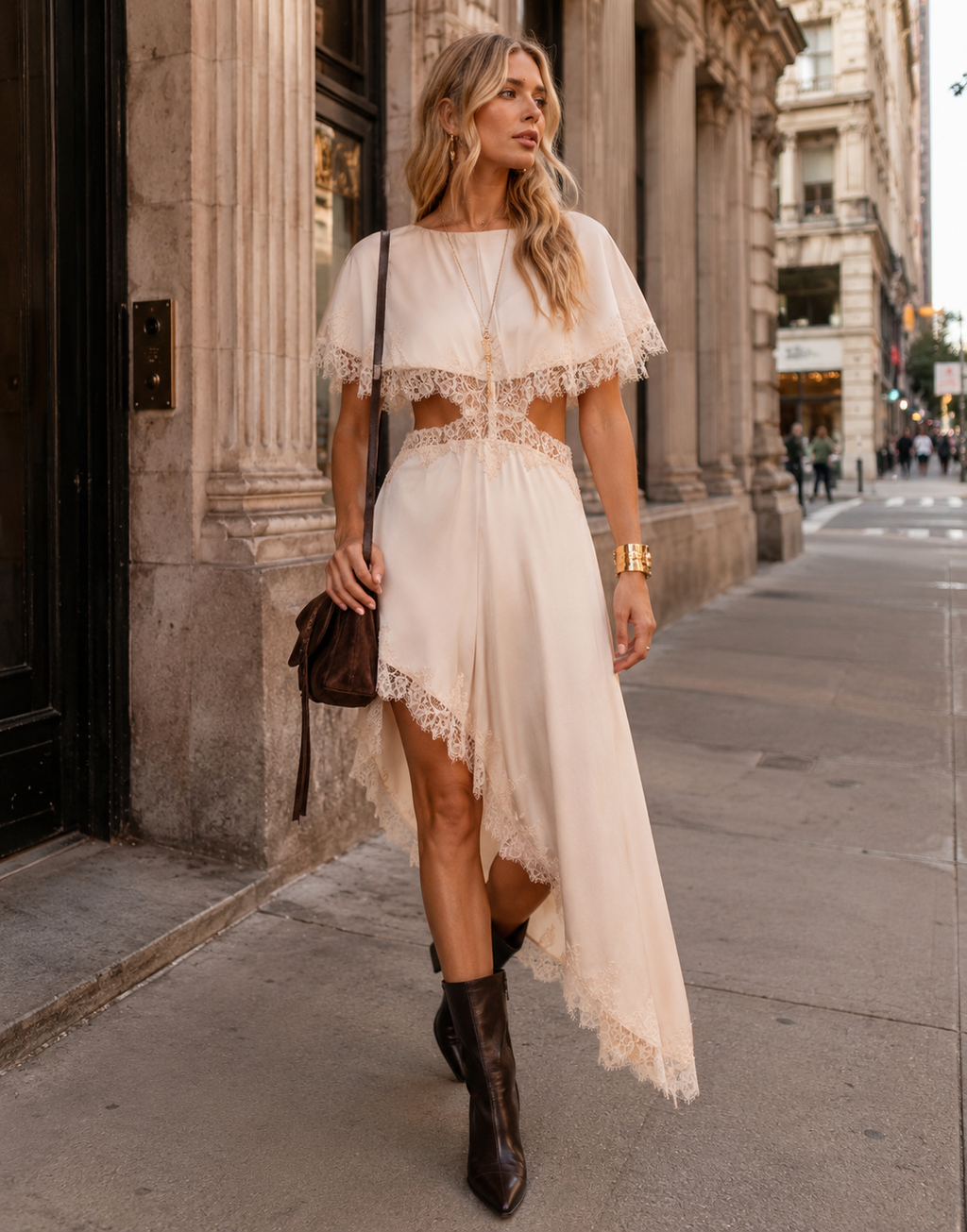 Asymmetrical Lace Midi Dress - Beige