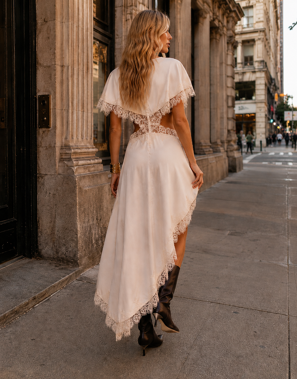 Asymmetrical Lace Midi Dress - Beige