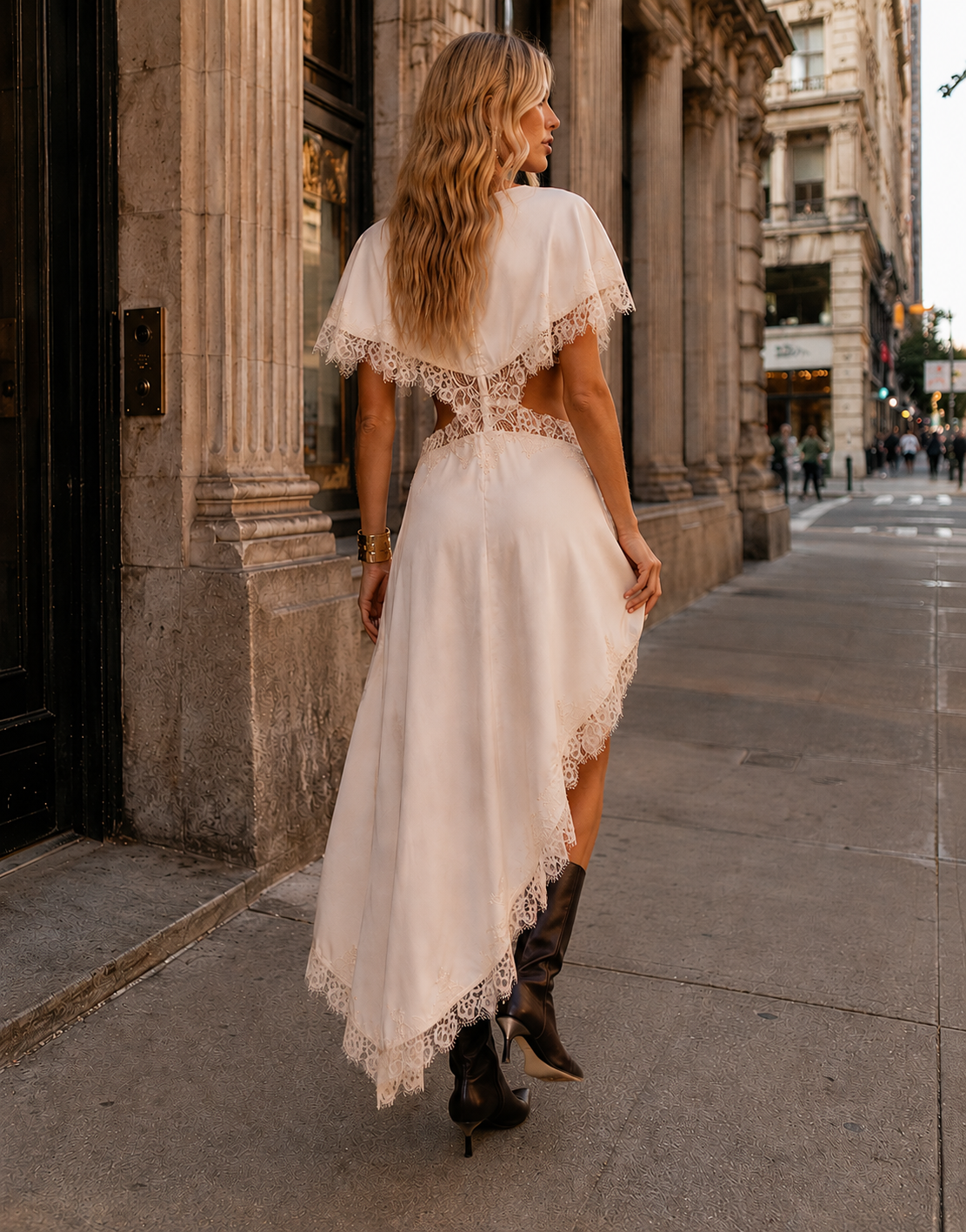 Asymmetrical Lace Midi Dress - Beige