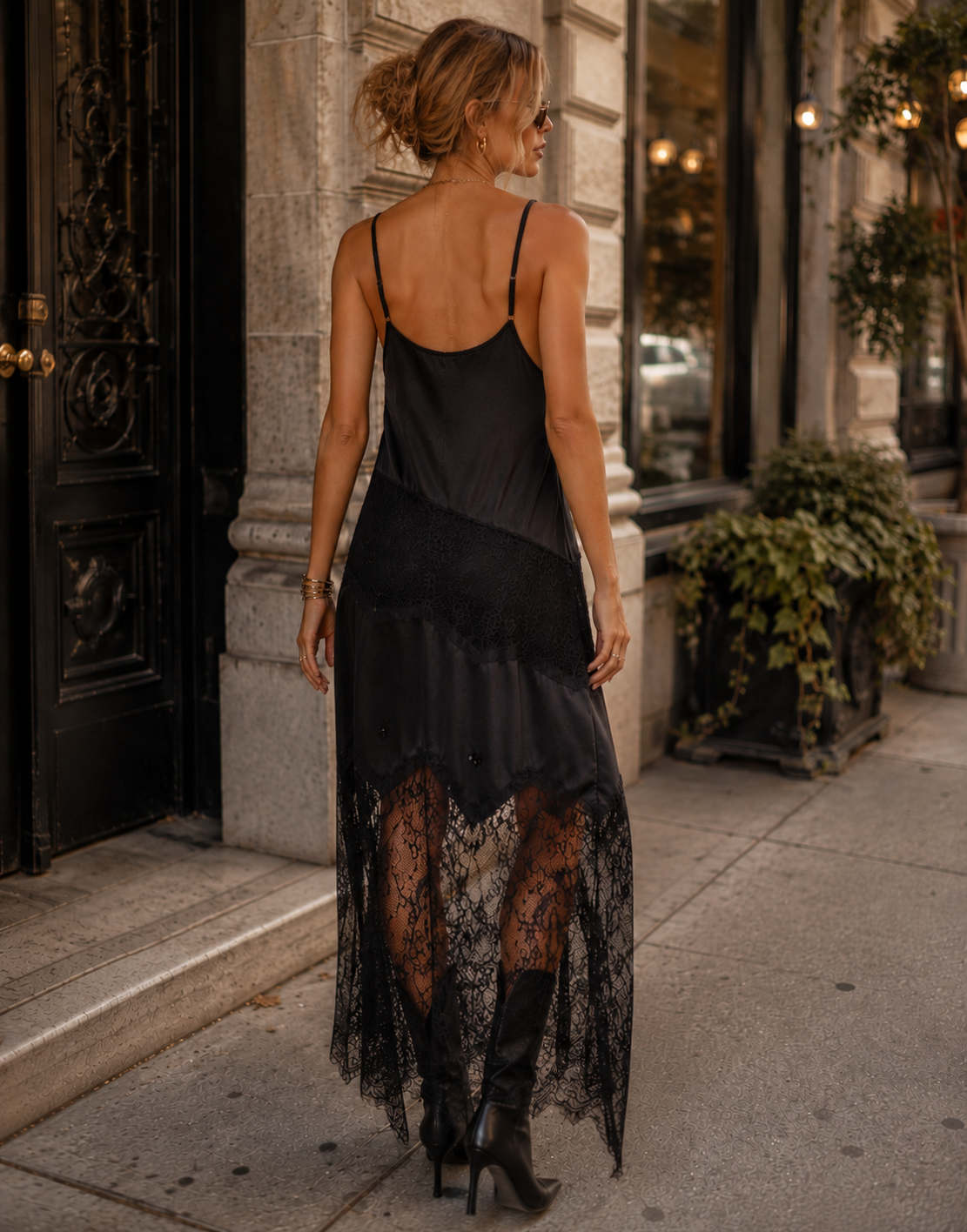 Lace Overlay Midi Dress - Black
