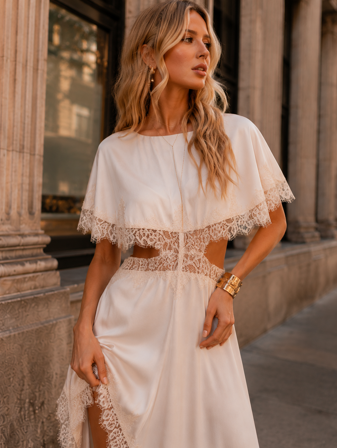 Asymmetrical Lace Midi Dress - Beige