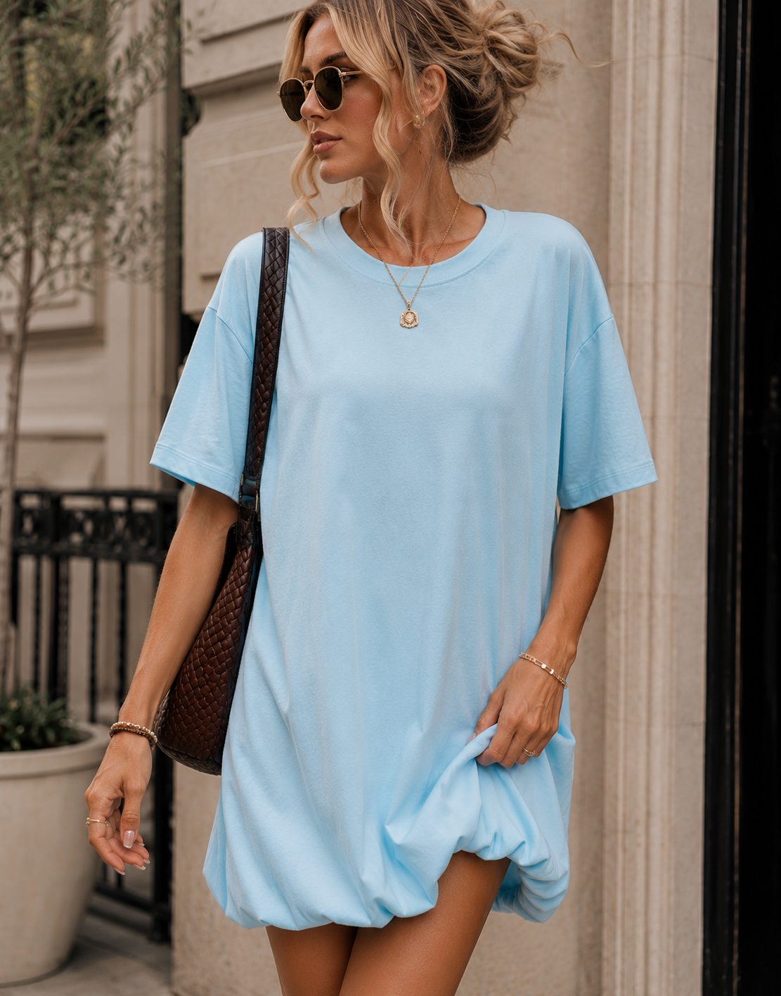 Loose T-Shirt Mini Dress - Light Blue