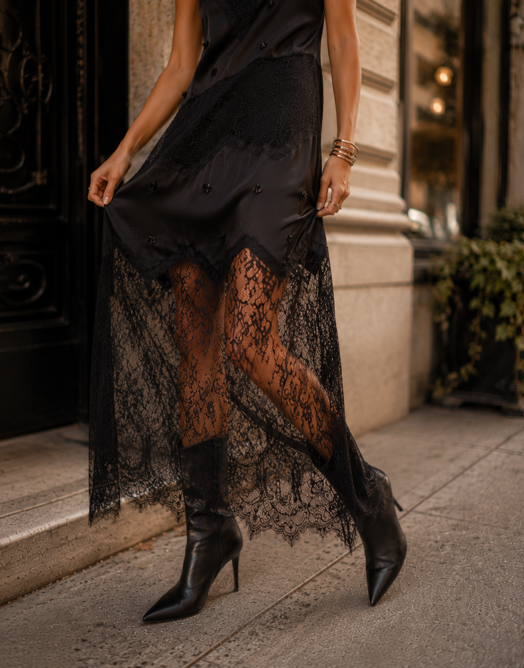 Lace Overlay Midi Dress - Black
