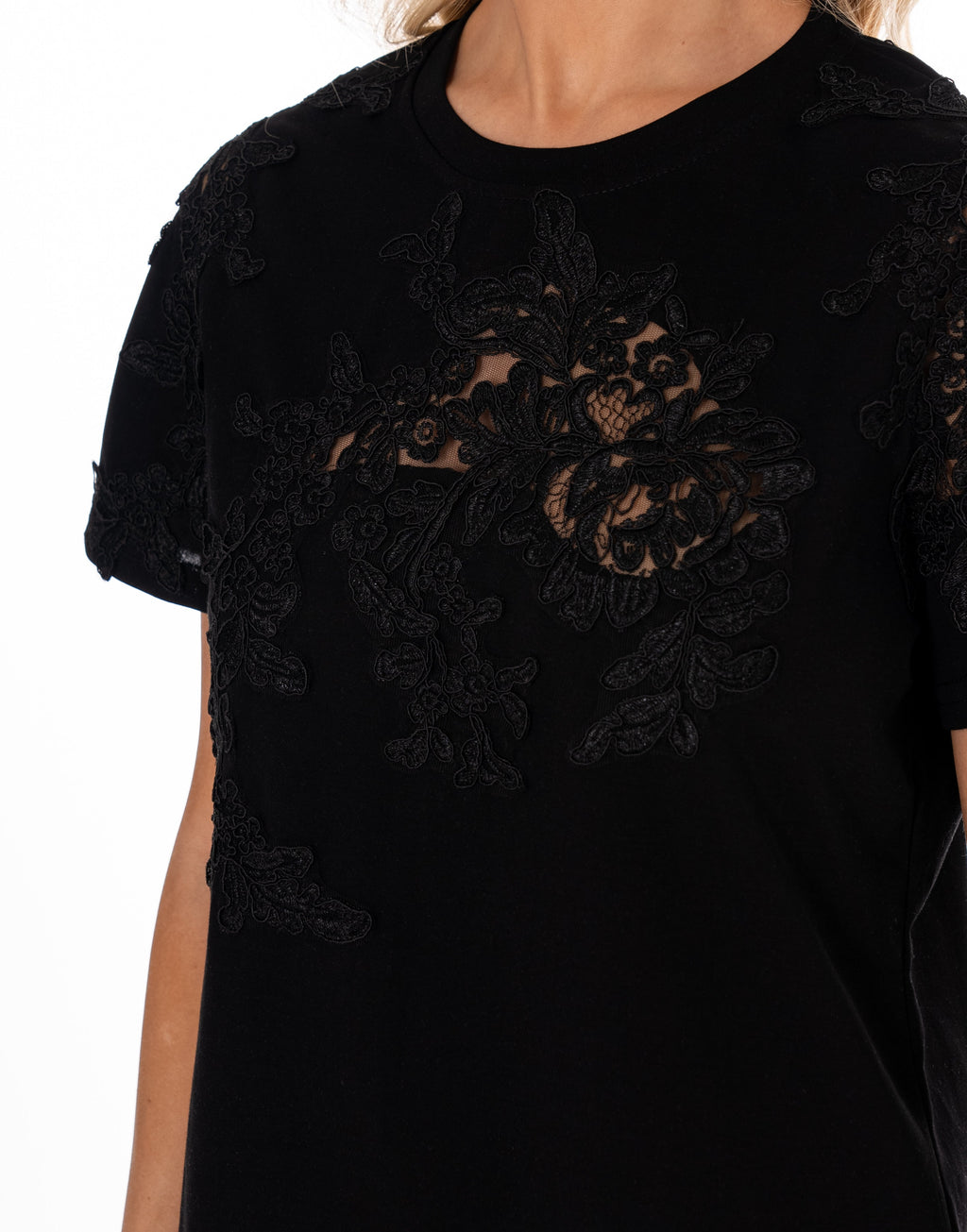 Lace Detail Short Sleeve Top - Black