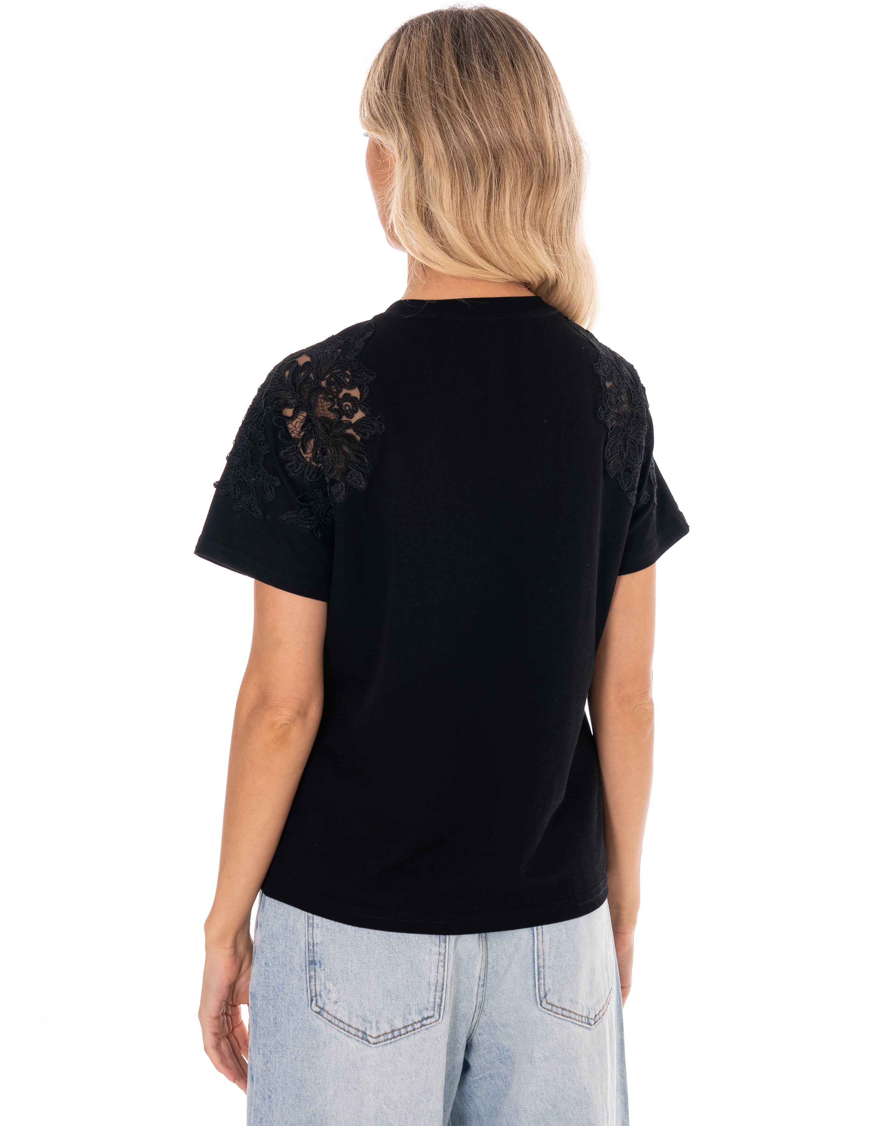 Lace Detail Short Sleeve Top - Black
