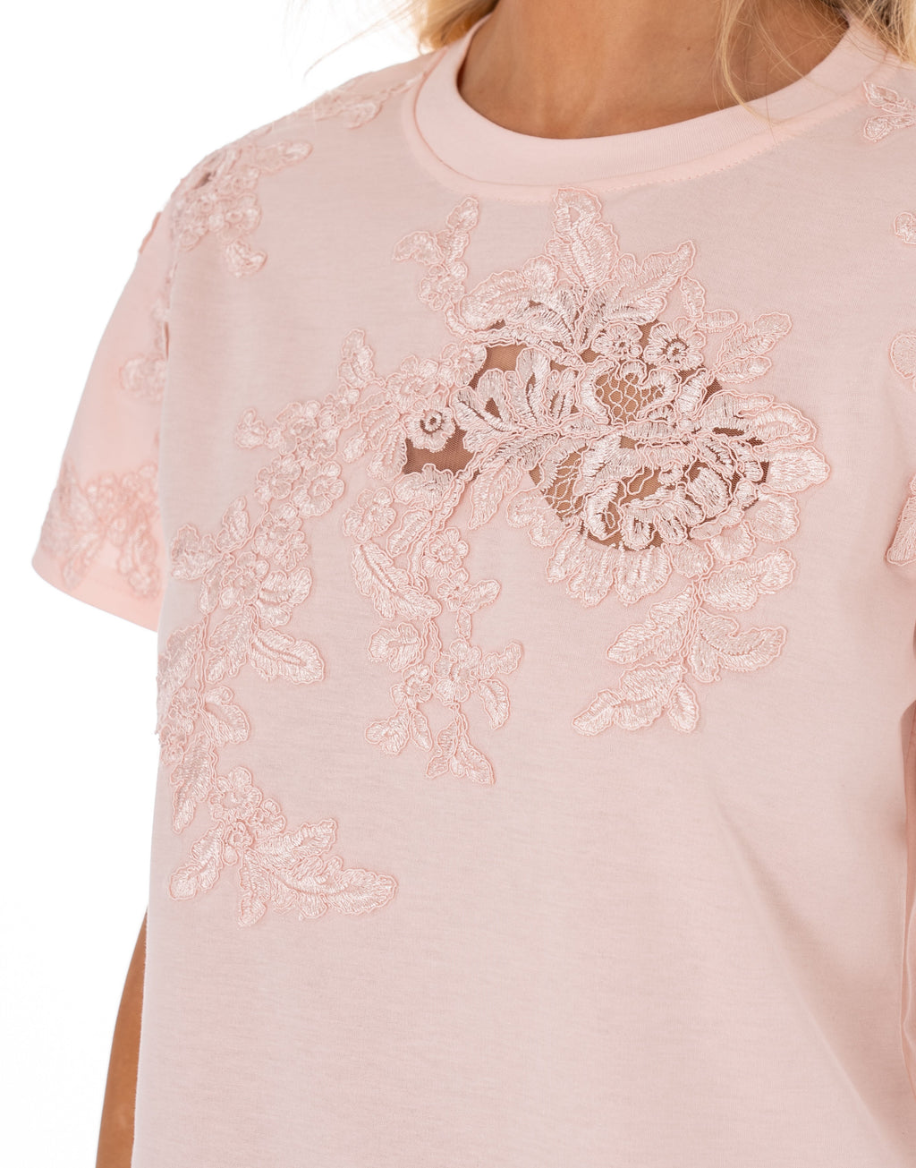 Lace Detail Short Sleeve Top - Pink