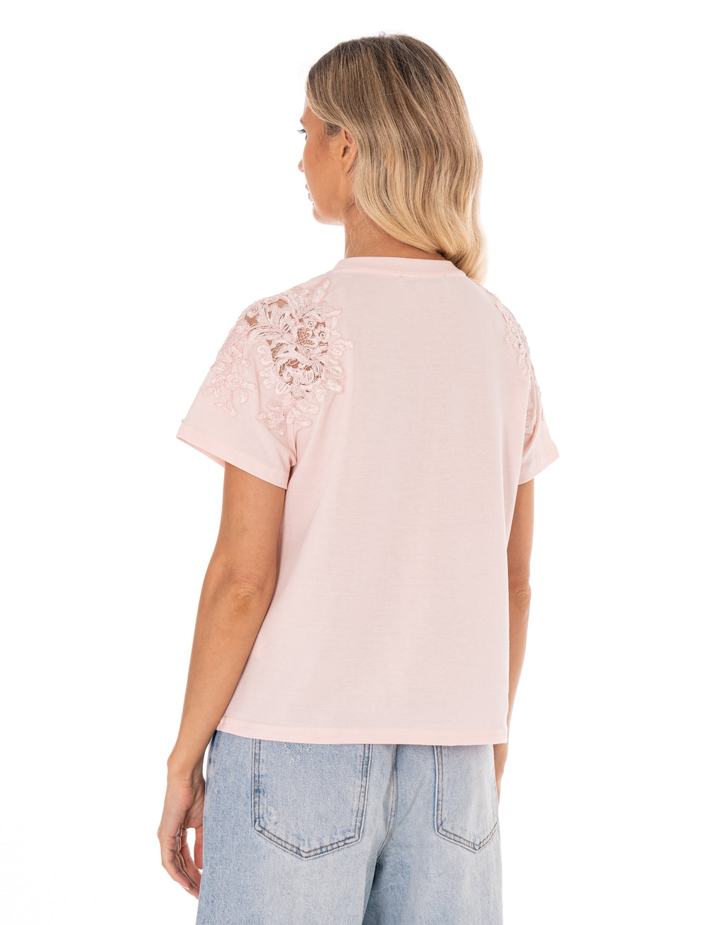 Lace Detail Short Sleeve Top - Pink