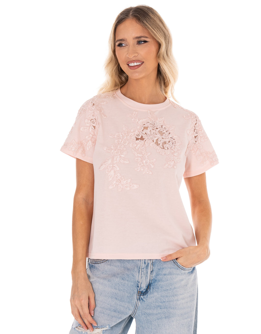 Lace Detail Short Sleeve Top - Pink