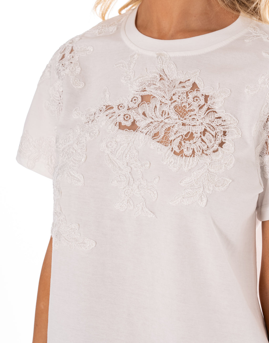 Lace Detail Short Sleeve Top - White