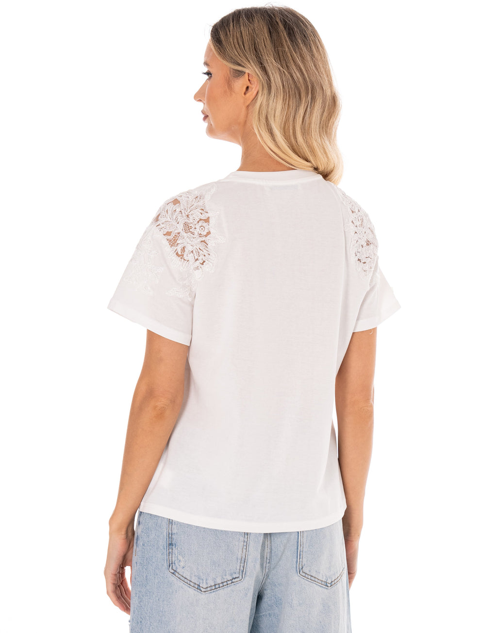 Lace Detail Short Sleeve Top - White