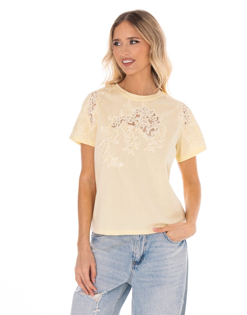Lace Detail Short Sleeve Top - Yellow