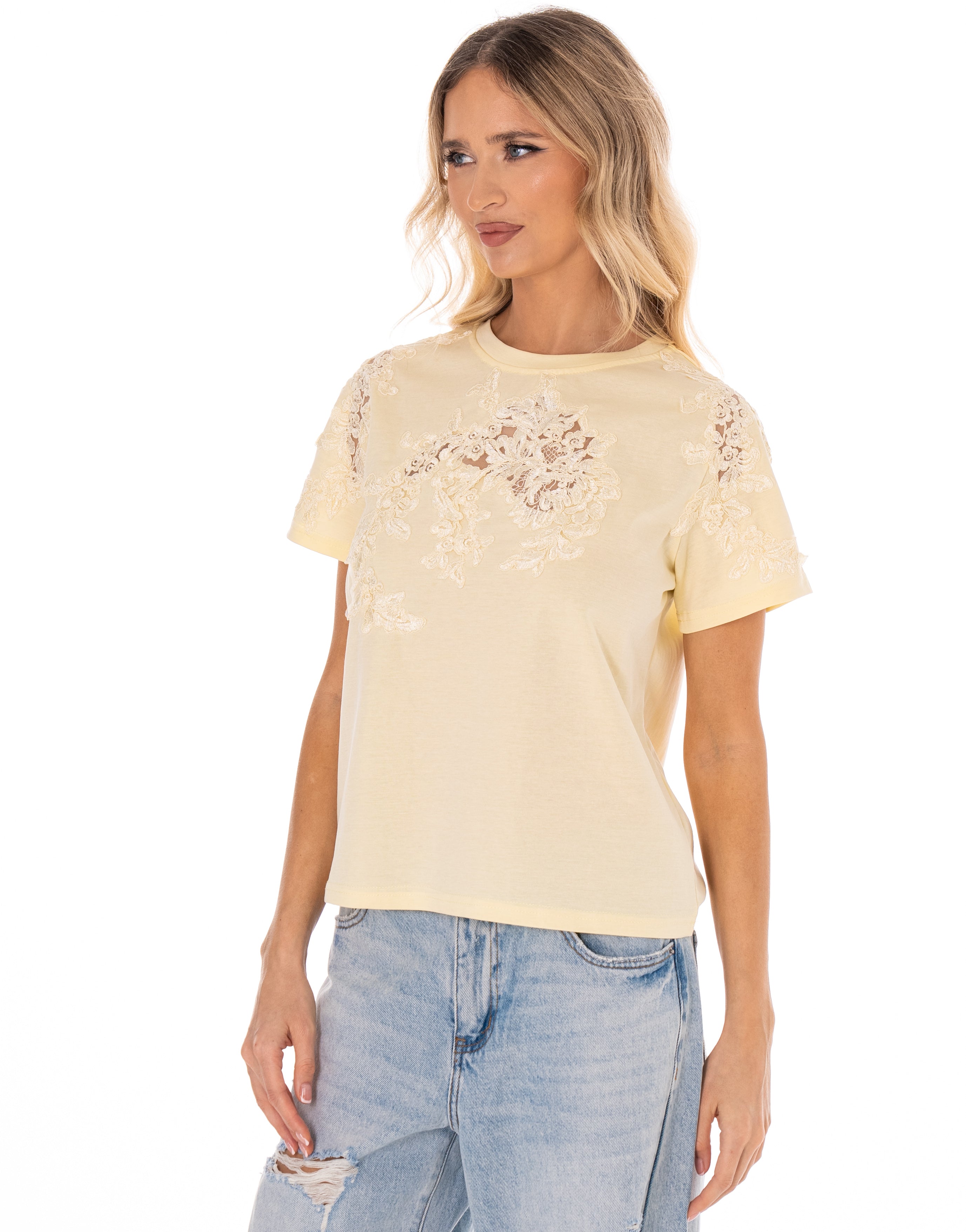 Lace Detail Short Sleeve Top - Yellow
