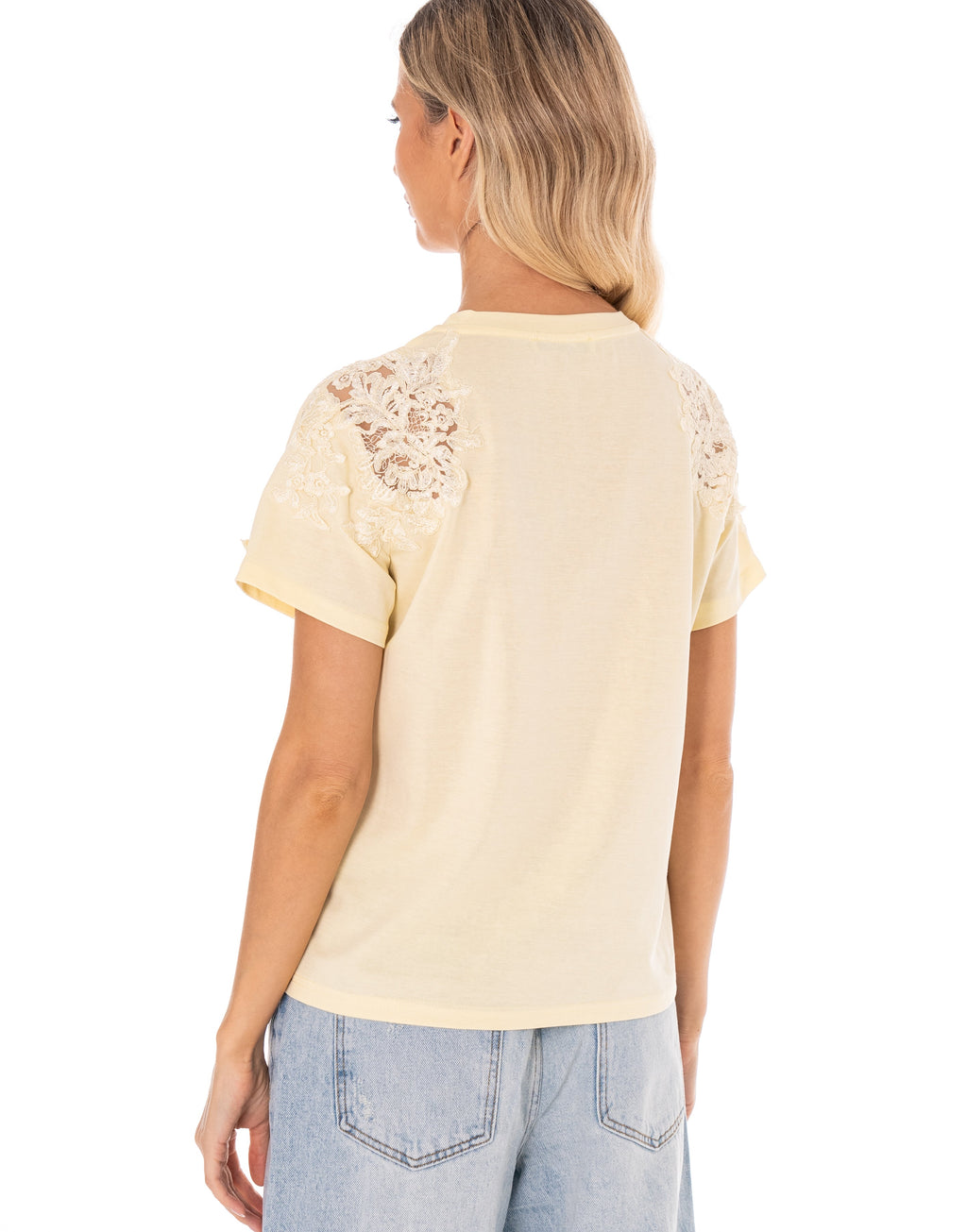 Lace Detail Short Sleeve Top - Yellow