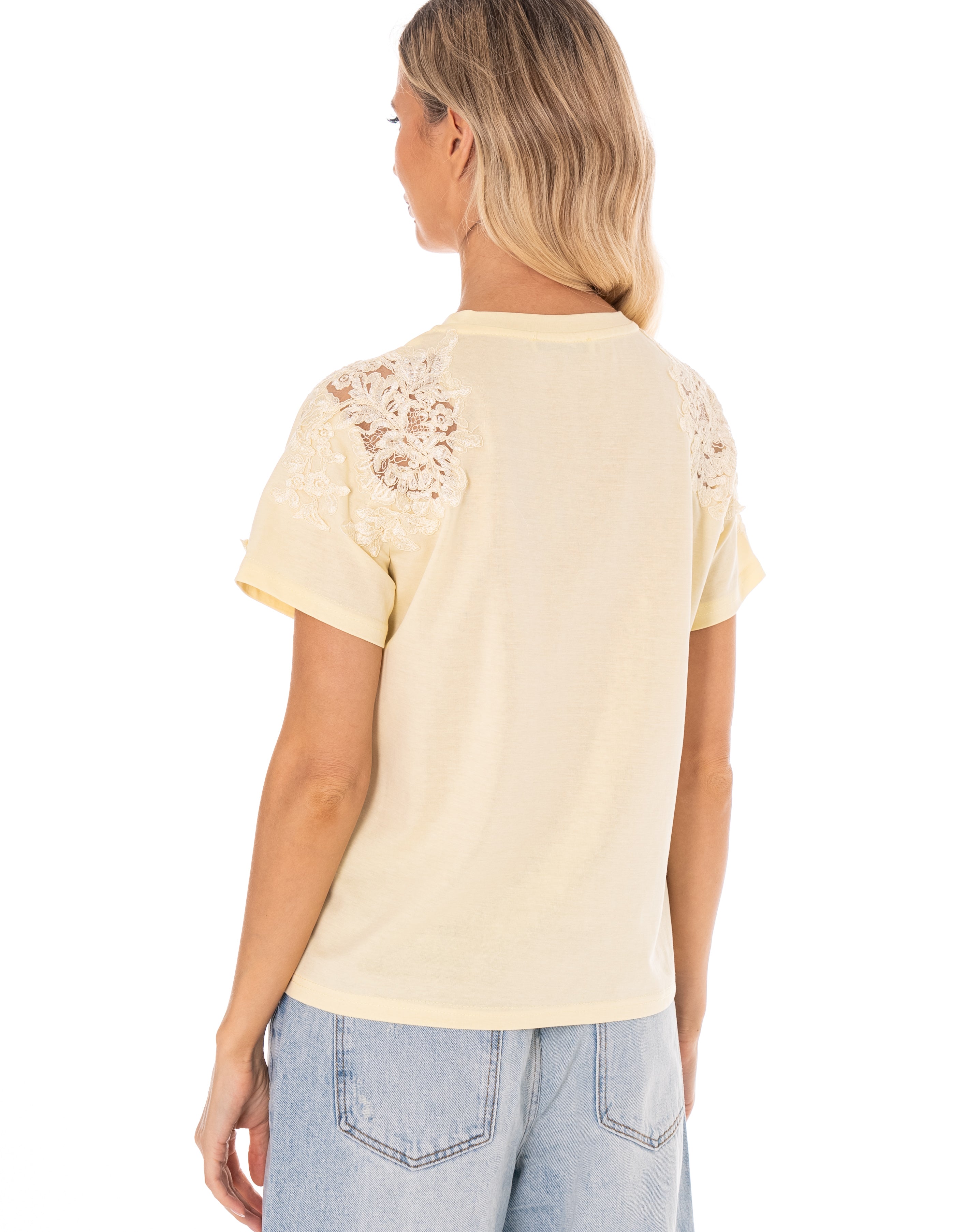 Lace Detail Short Sleeve Top - Yellow