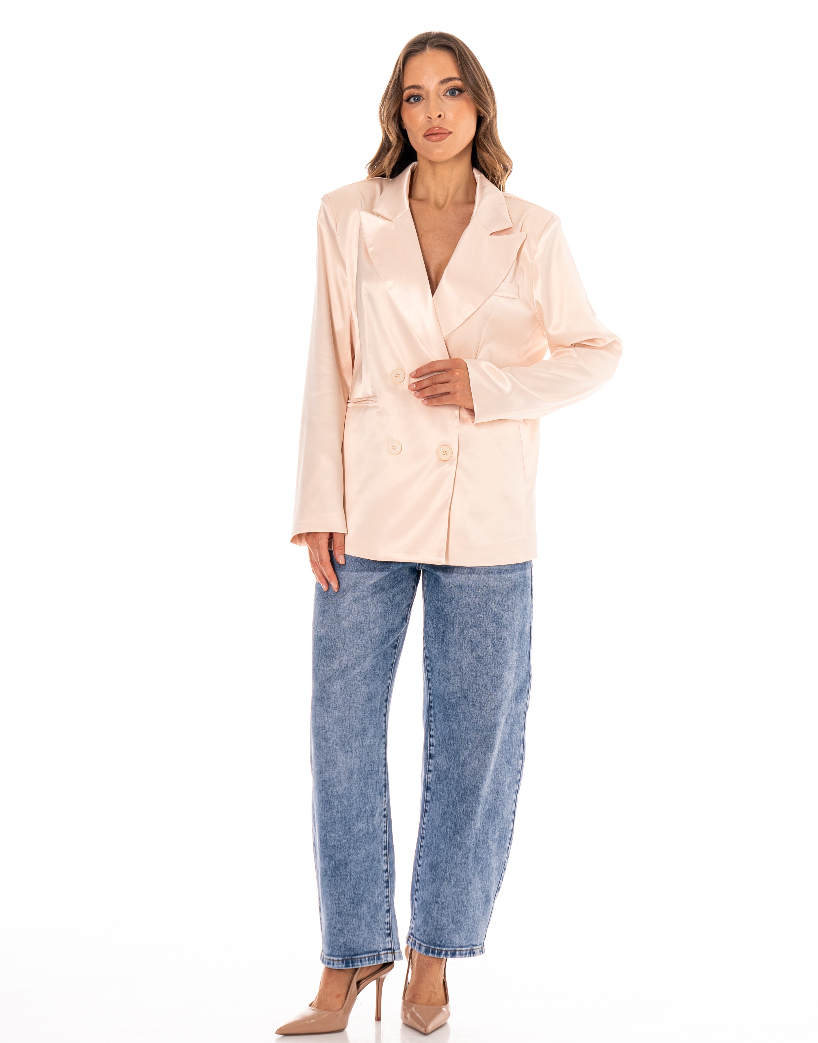 Satin Double-Breasted Blazer - Beige