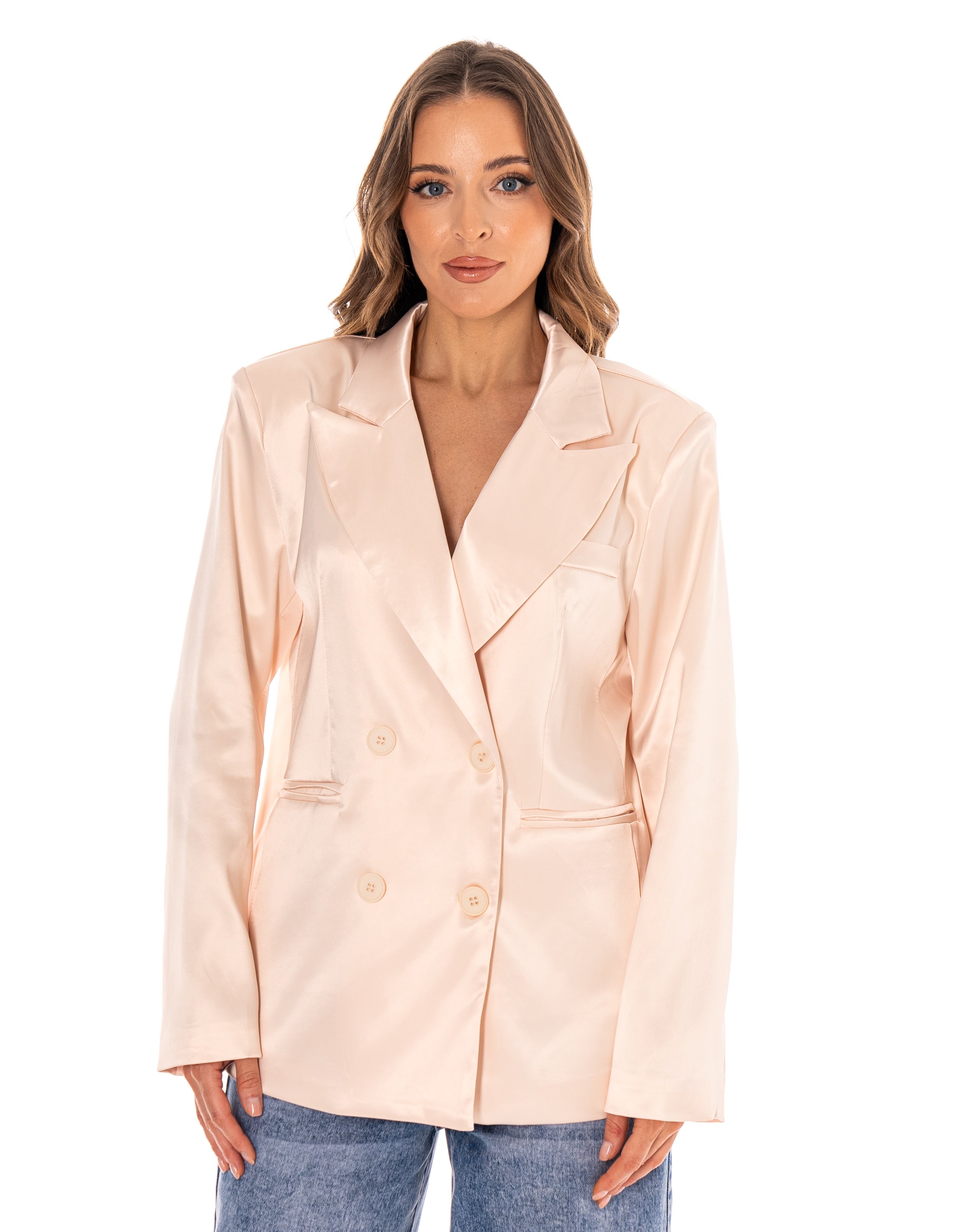 Satin Double-Breasted Blazer - Beige