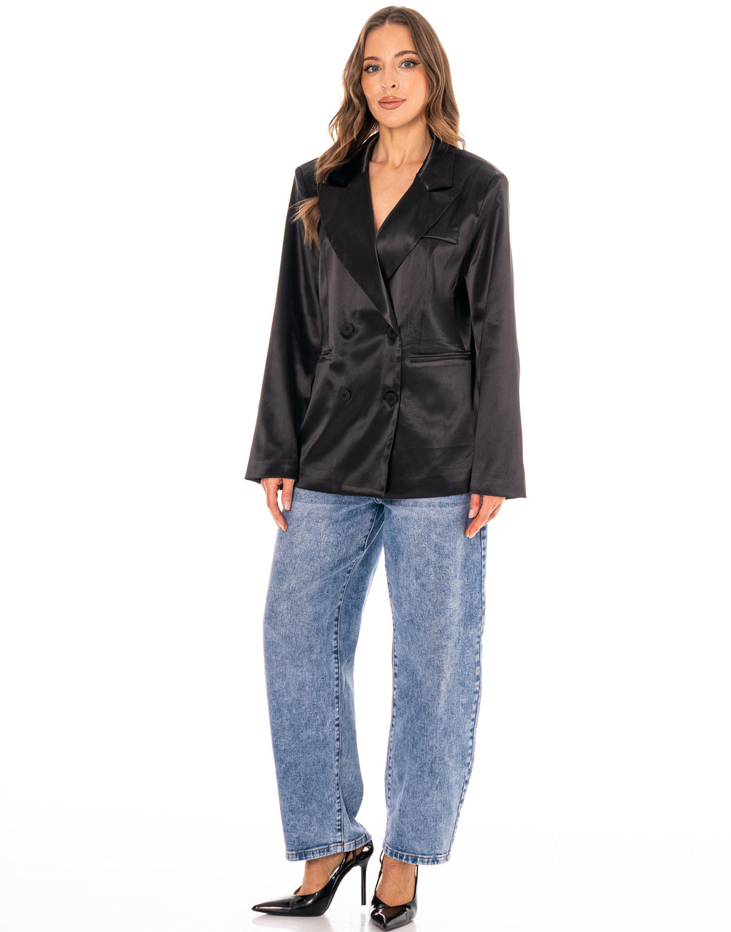 Satin Double-Breasted Blazer - Black