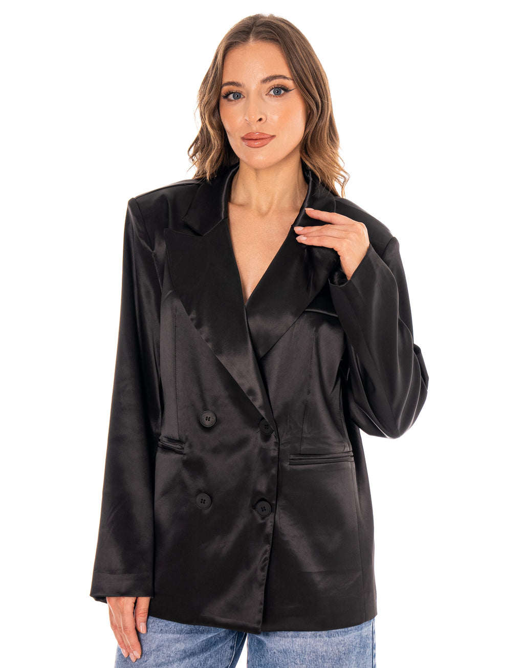 Satin Double-Breasted Blazer - Black