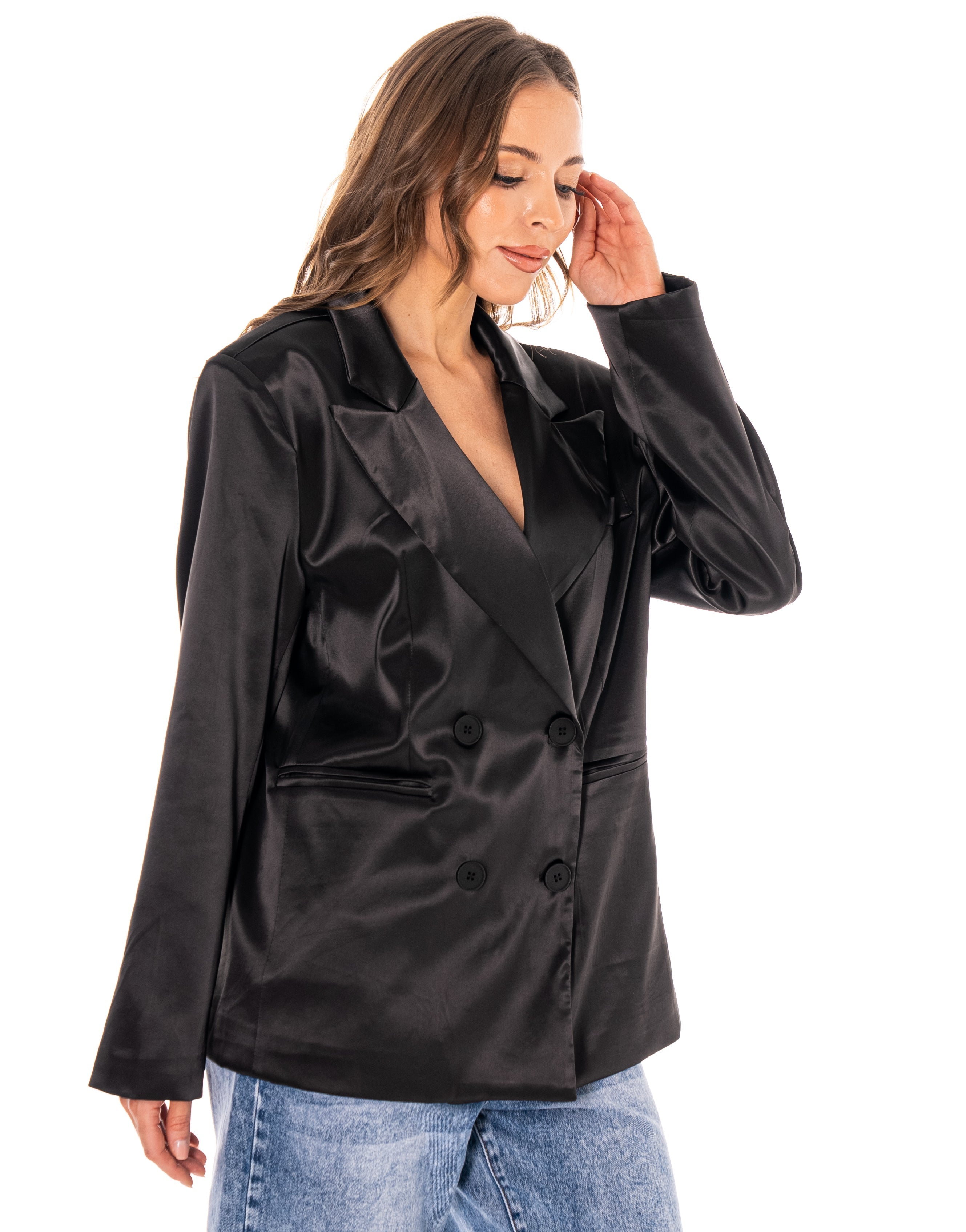 Satin Double-Breasted Blazer - Black
