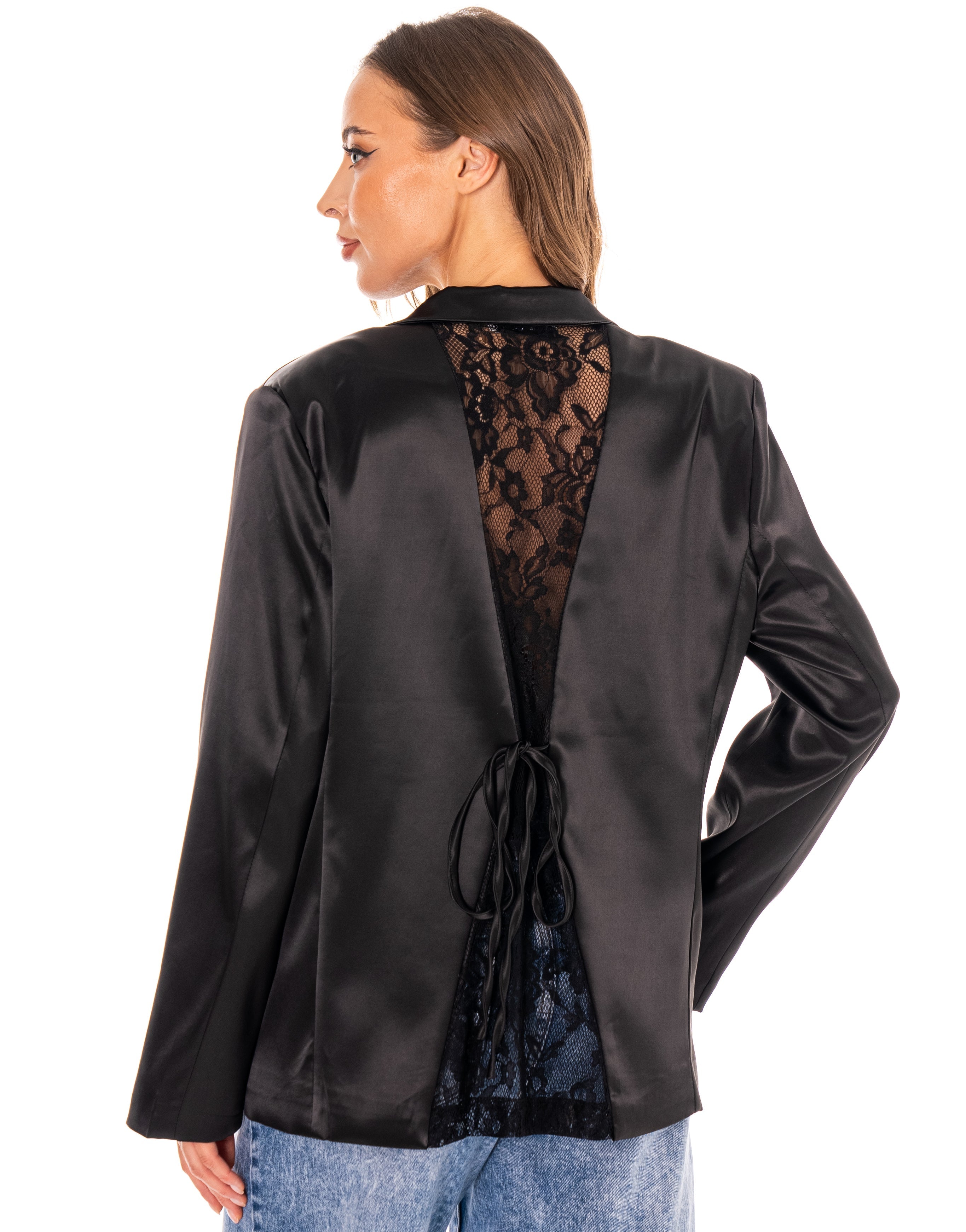 Satin Double-Breasted Blazer - Black